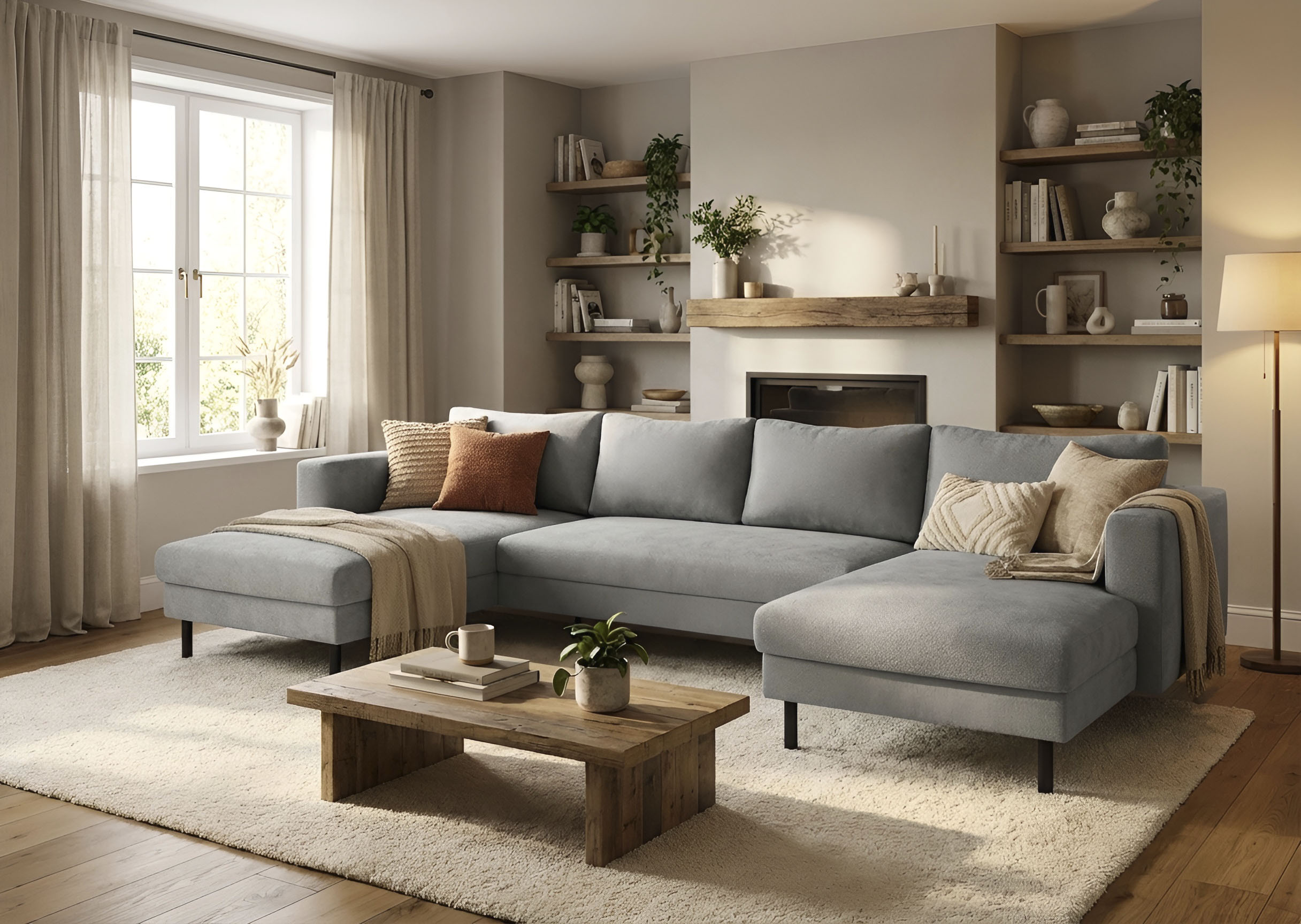TRENDMANUFAKTUR Wohnlandschaft "Amazing II, wahlw. mit Schlaffunktion & Bettkasten, Fuß schwarz" Sofa in U-Form, in Cord, Struktur LEO o. Struktur LINO, Breite 305 cm