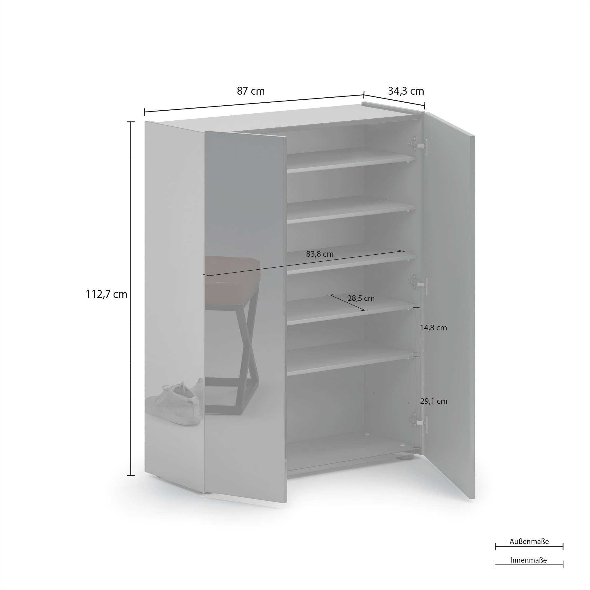 INOSIGN Schuhschrank »Tanko,Schukommode,mit 5 verstellbare Holzböden, individuelle Fachhöhe«, (1 St.), Tür und Seite mit verdunkeltem Spiegel,6 Fächer,24 paar Schuhe,87 cm