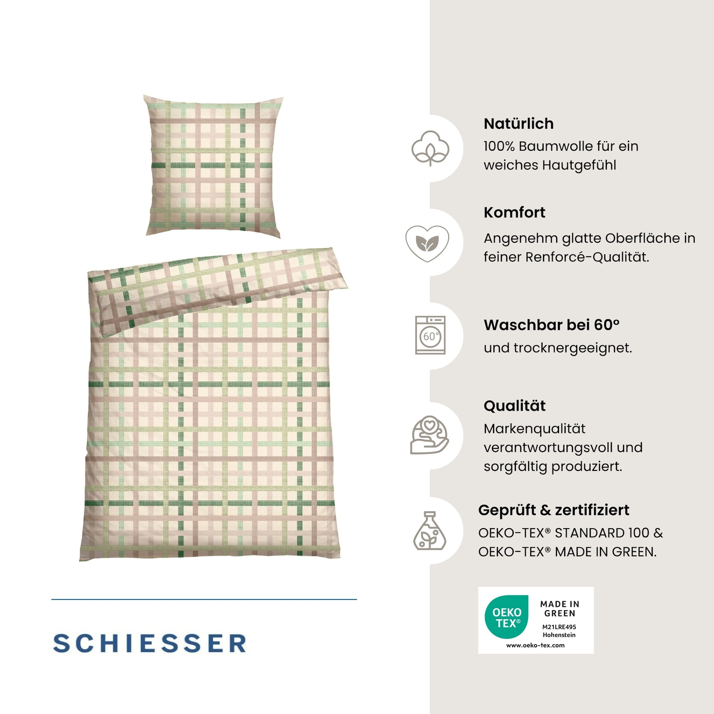 Schiesser Bettwäsche »Luiza aus weicher Baumwolle mit hübschem Karomuster« 2 Stk. OEKO-TEX® MADE IN GREEN
