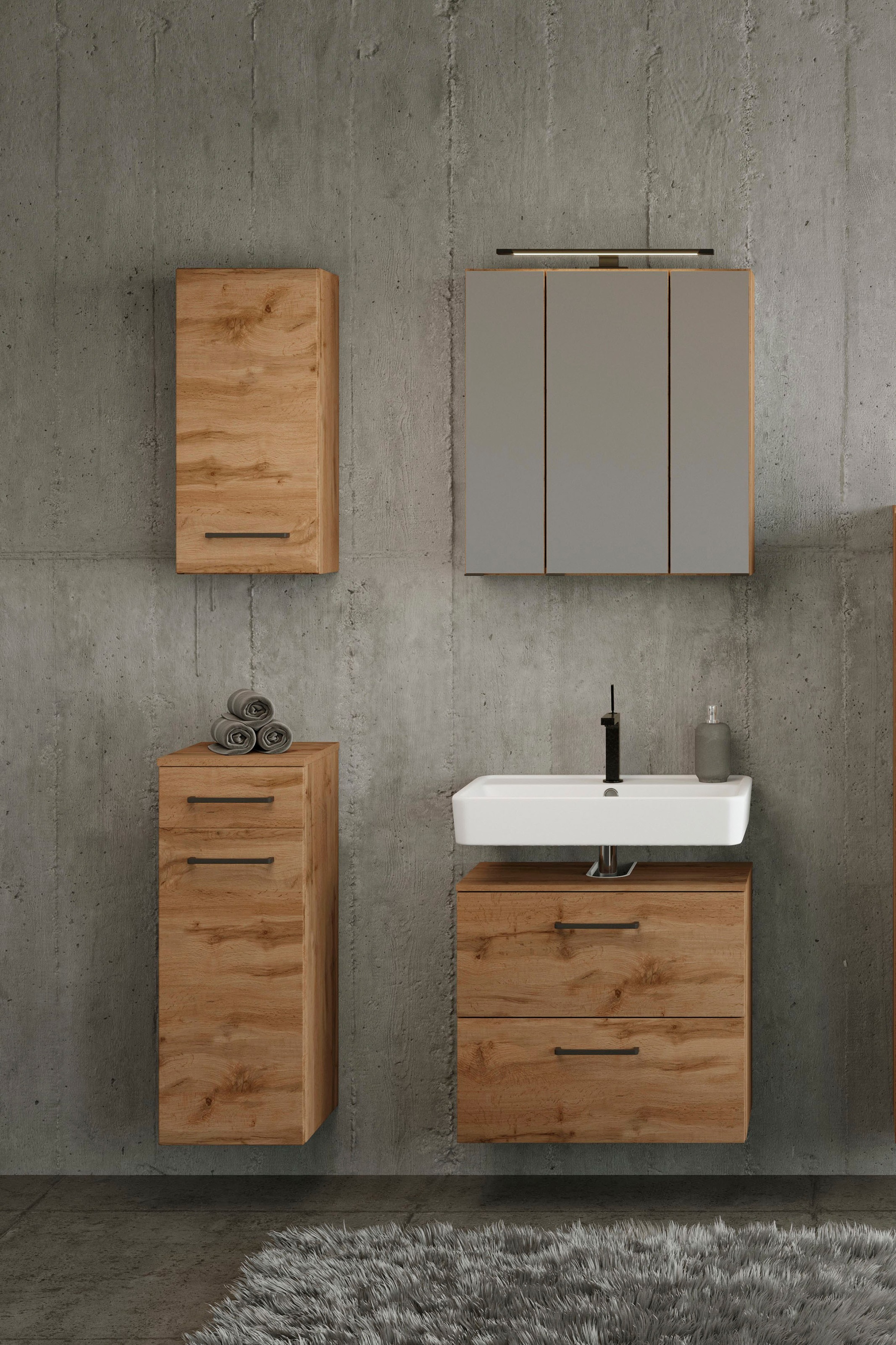 welltime Badmöbel-Set »Chicago«, (4 St., Spiegelschrank, Unterbeckenschrank, Hängeschrank, Unterschrank)