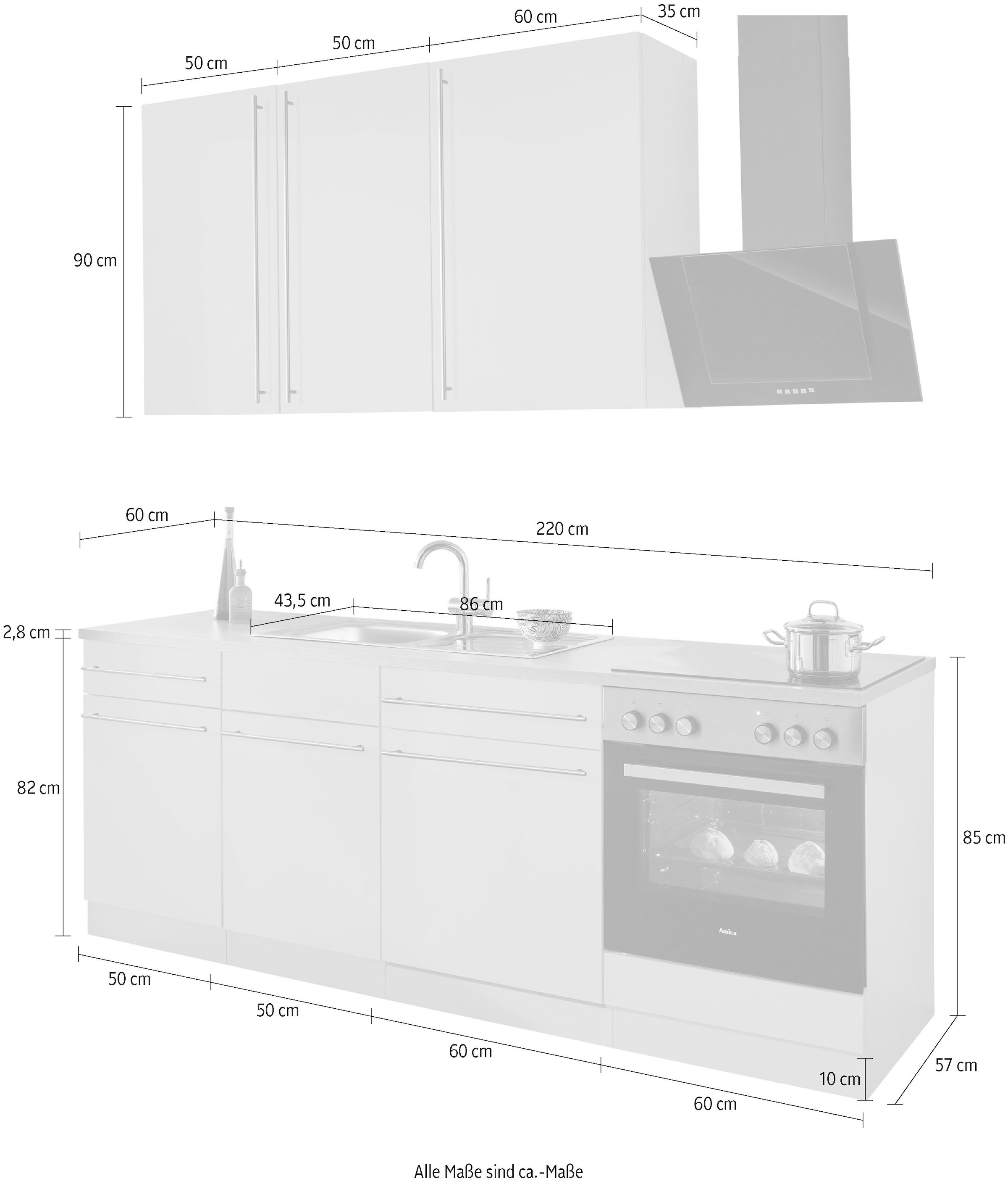wiho Küchen Küchenzeile »Chicago«, ohne E-Geräte, Breite 220 cm