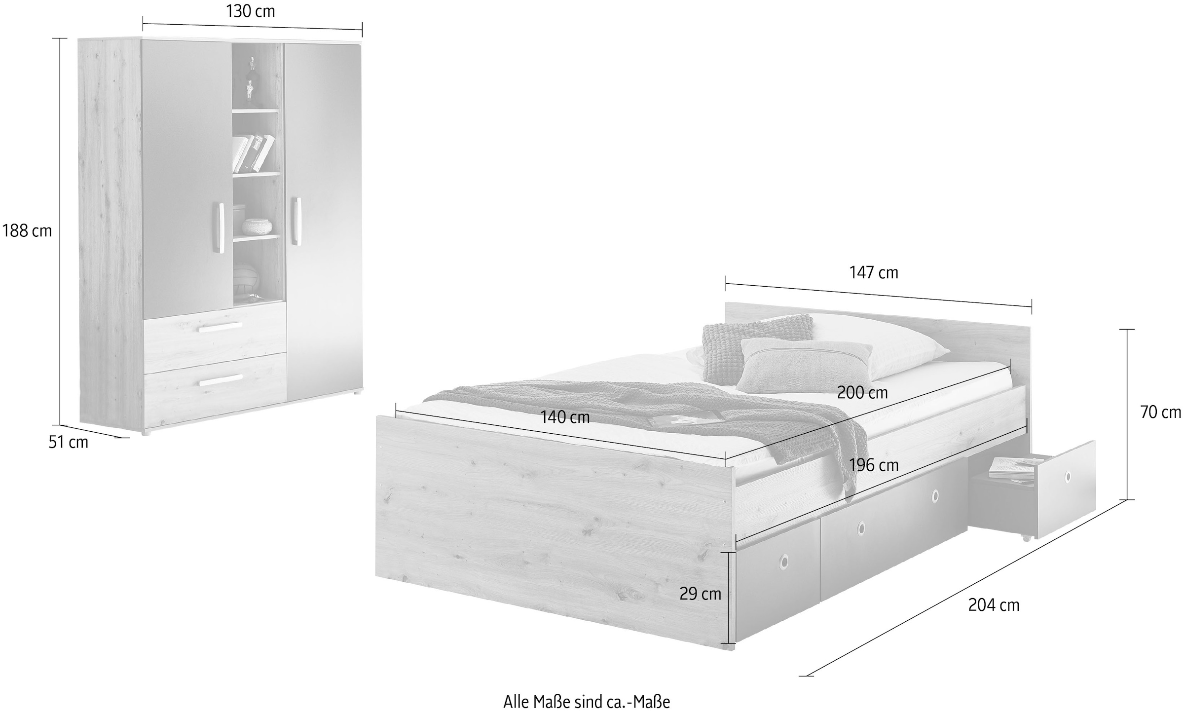arthur berndt Jugendzimmer-Set »Alessio«, (Set, 3 St., Bett und Kleiderschrank), mit Melamin-Oberfläche