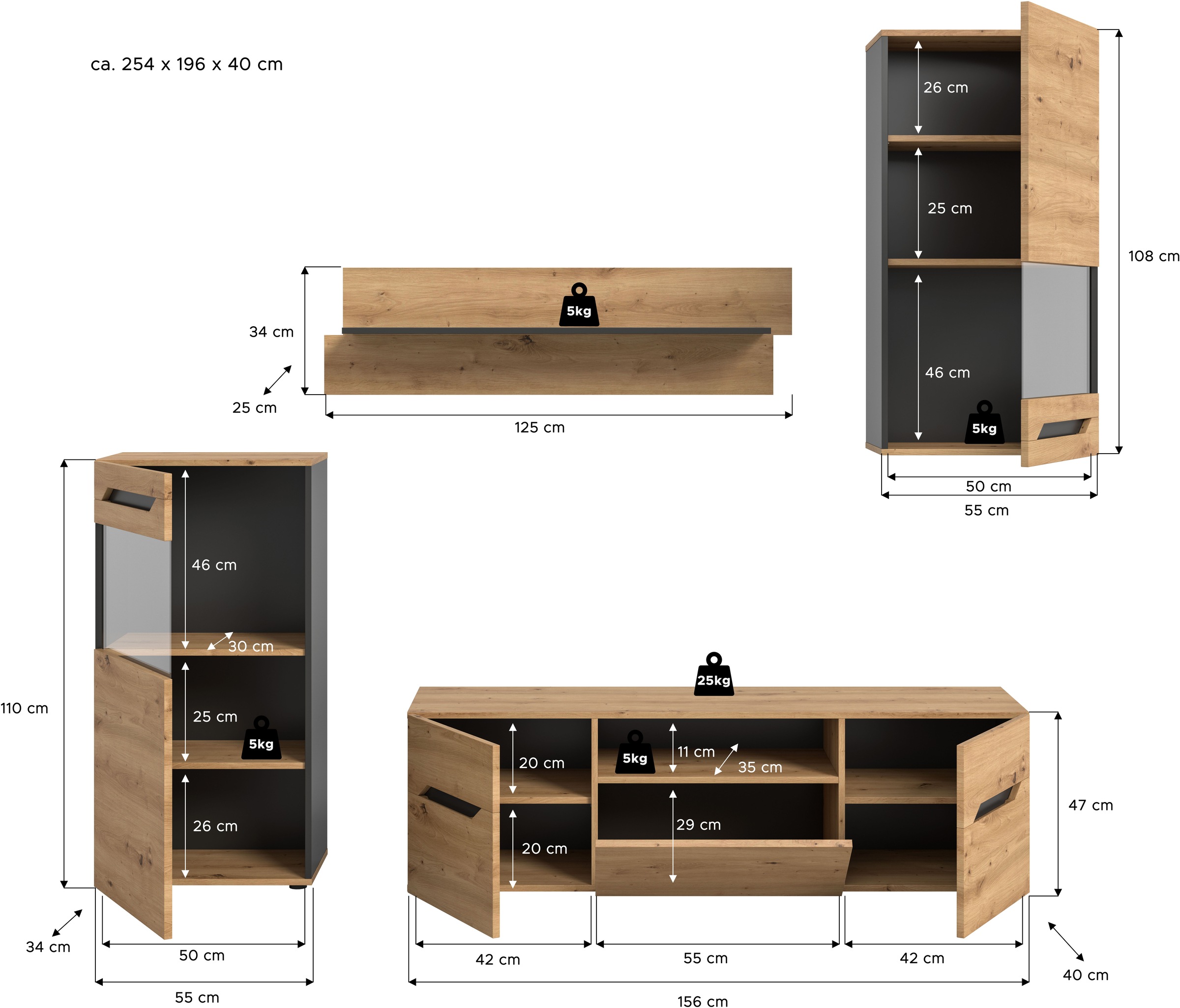 INOSIGN Wohnwand »SERTA, 4-teilig, best. aus: 2x Vitrine, 1x Lowboad & 1x Wandboard«, Anbauwand, Set, Möbelset, TV-Wand, Wohnzimmerset, Schrankwand