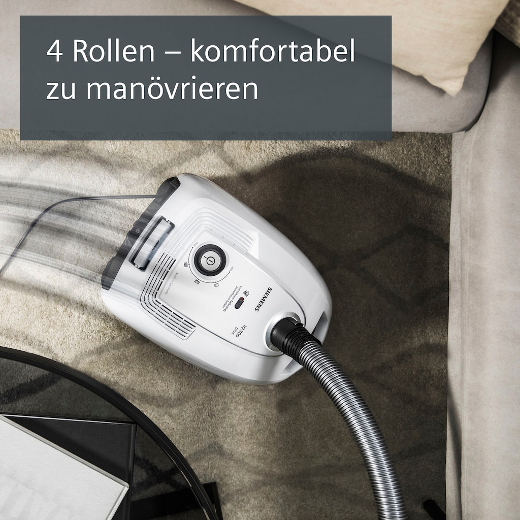 SIEMENS Bodenstaubsauger »iQ300 plus VSP3T212, Made in Germany, Hygiene-Filter, kompakt«, 900 W, mit Beutel, für Hartboden/Teppich, Turbodüse, XXL-Polsterdüse, langes Kabel, weiß