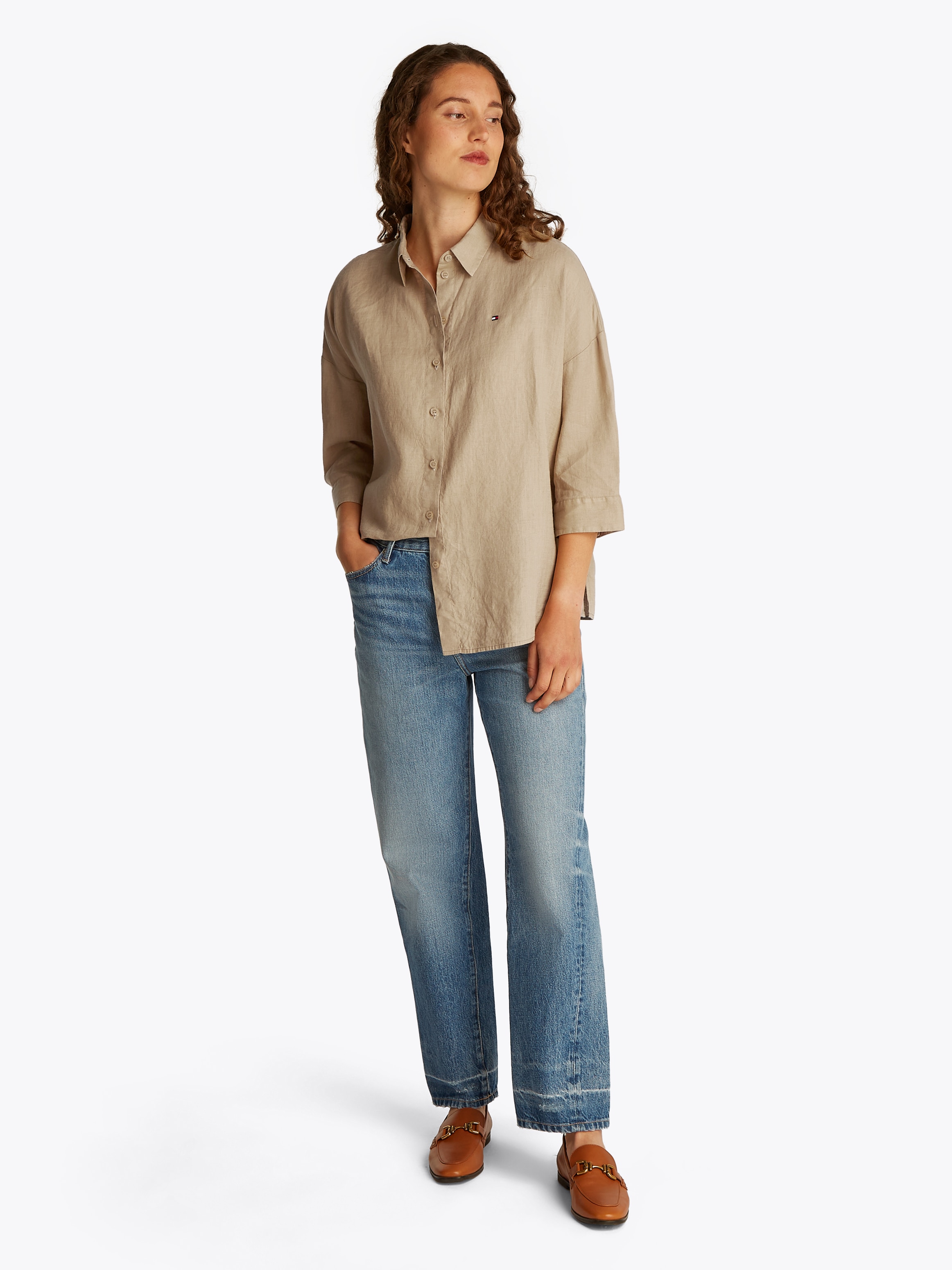 Tommy Hilfiger 3/4-Arm-Shirt »ESS LINEN LOOSE 3-4 SLEEVE SHIRT«, mit 3/4-Ärmel, Logostickerei,kühlendes Premium Leinen