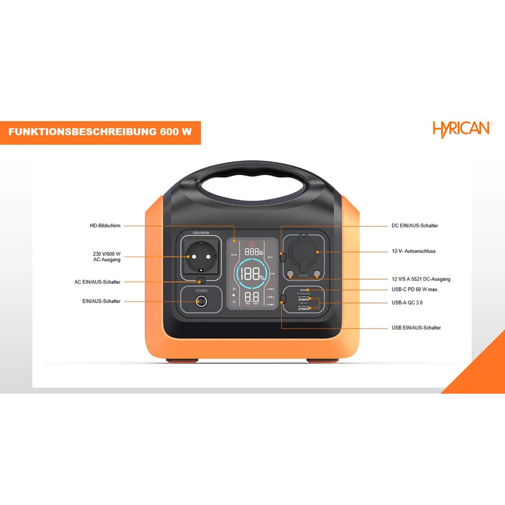 Hyrican Powerstation »UPP-600 Kit 600W, 596Wh, LiFePO4, tragbarer Akku/Batterie«, 186000 mAh