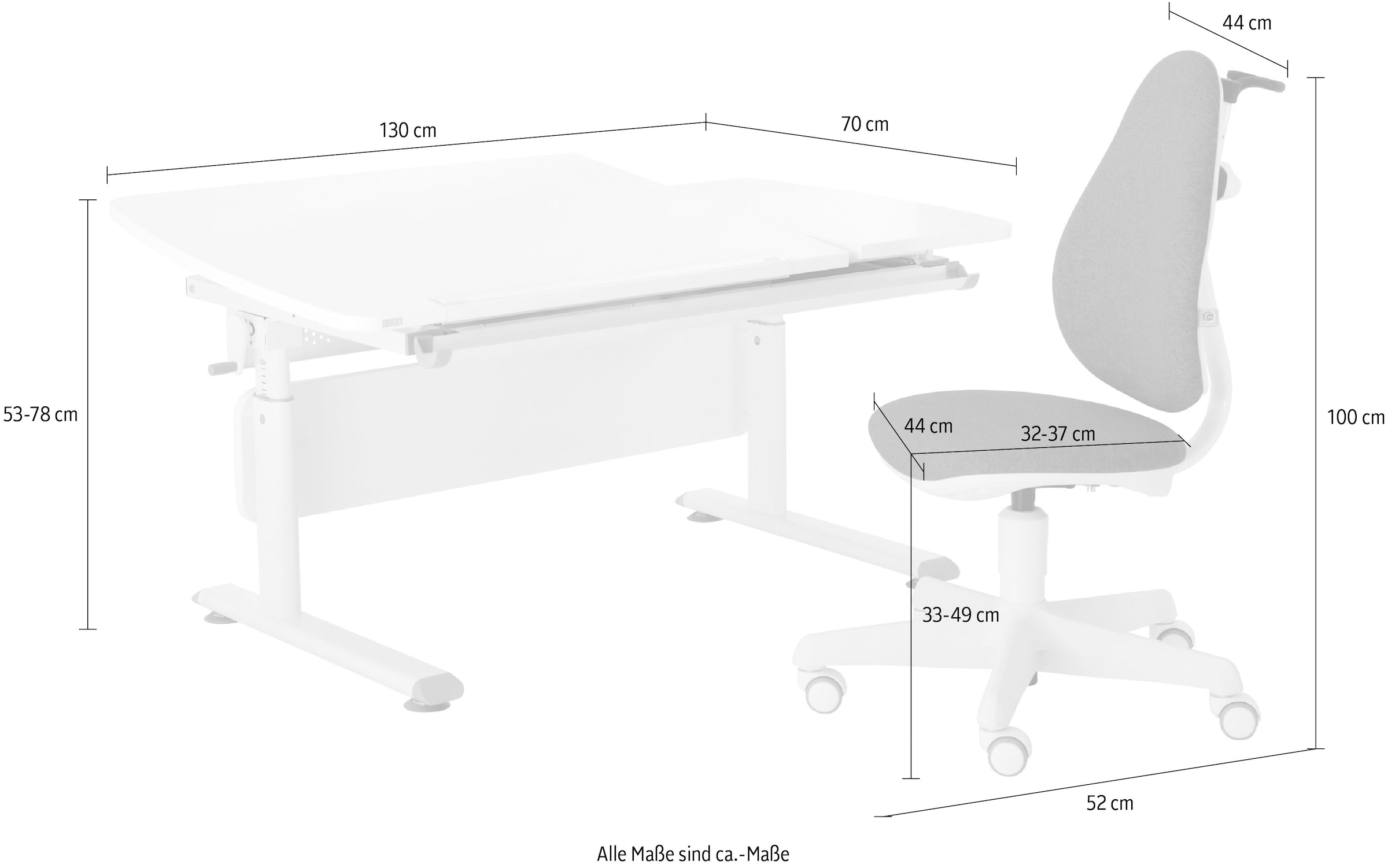 PAIDI Büromöbel-Set »Kinderschreibtisch & Drehstuhl in Weiß, mitwachsend & ergonomisch« Spar-Set, 130x70 cm Schülerschreibtisch, Kinderstuhl in Blau/Rosa,  stufenlos höhenverstellbar, neigbare Tischplatte, Schulstarter-Set