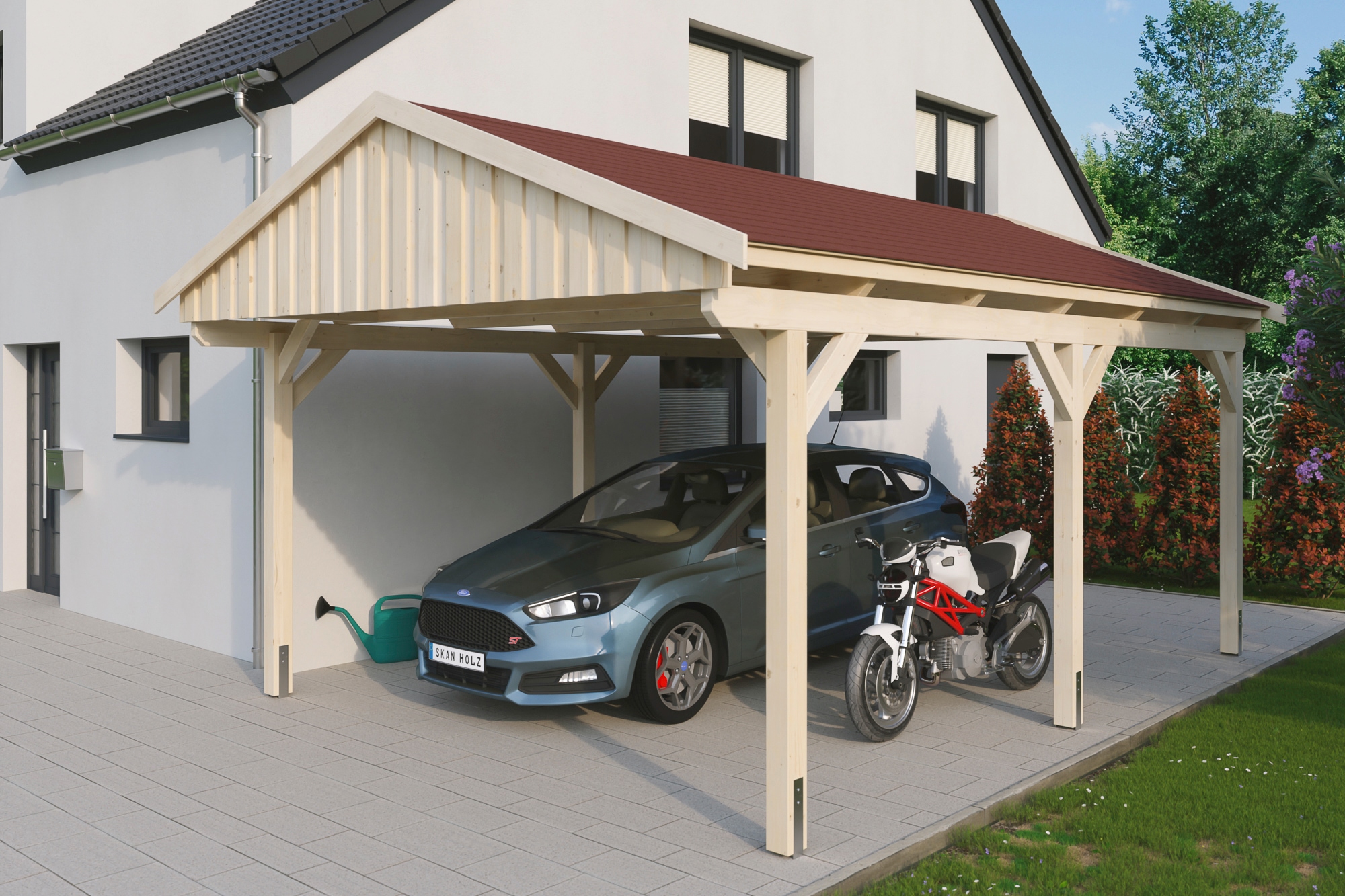 Skanholz Einzelcarport "Fichtelberg" Leimholz natur mit roten Schindeln