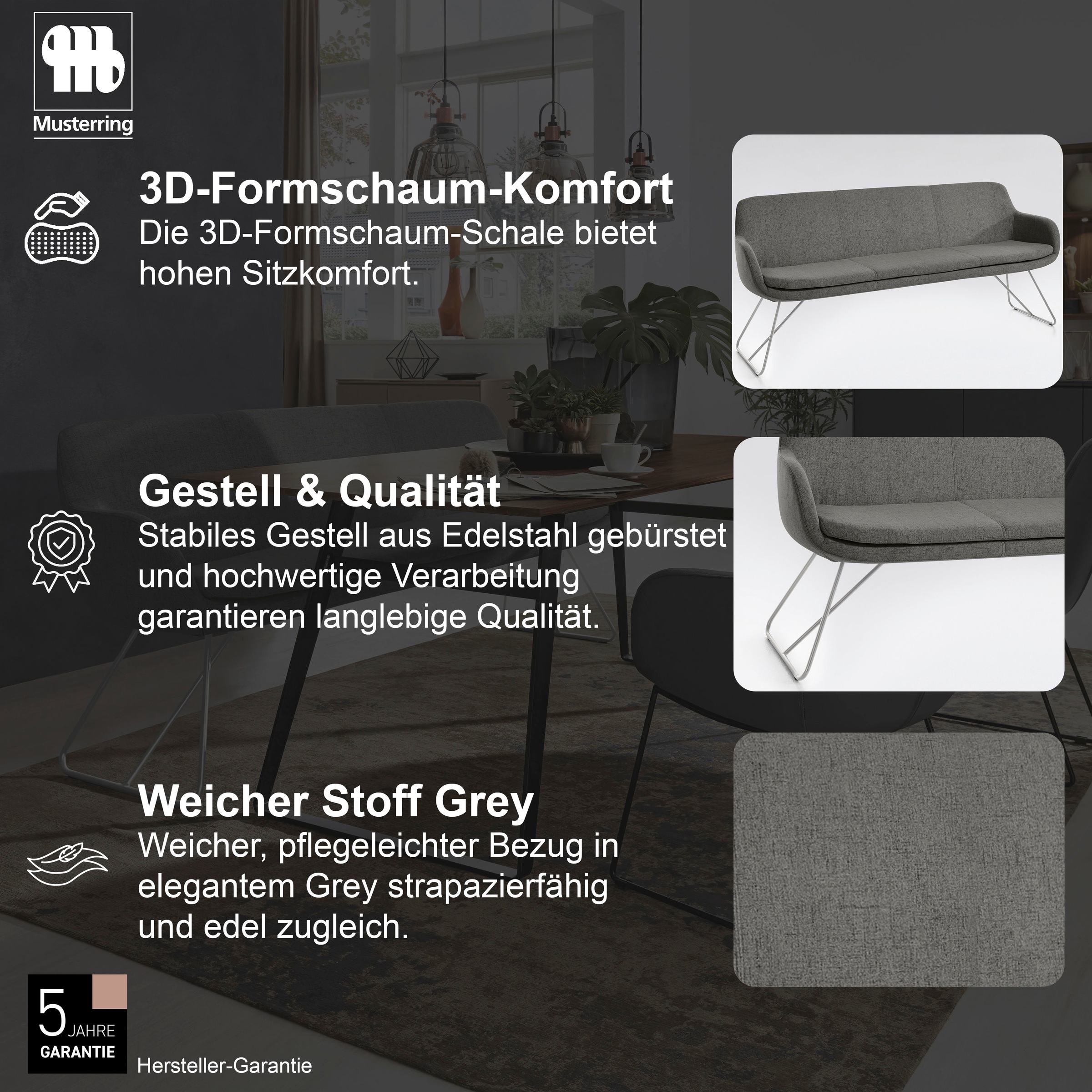 Musterring Tavia Upholstered Dining Bench grey 220cm 5