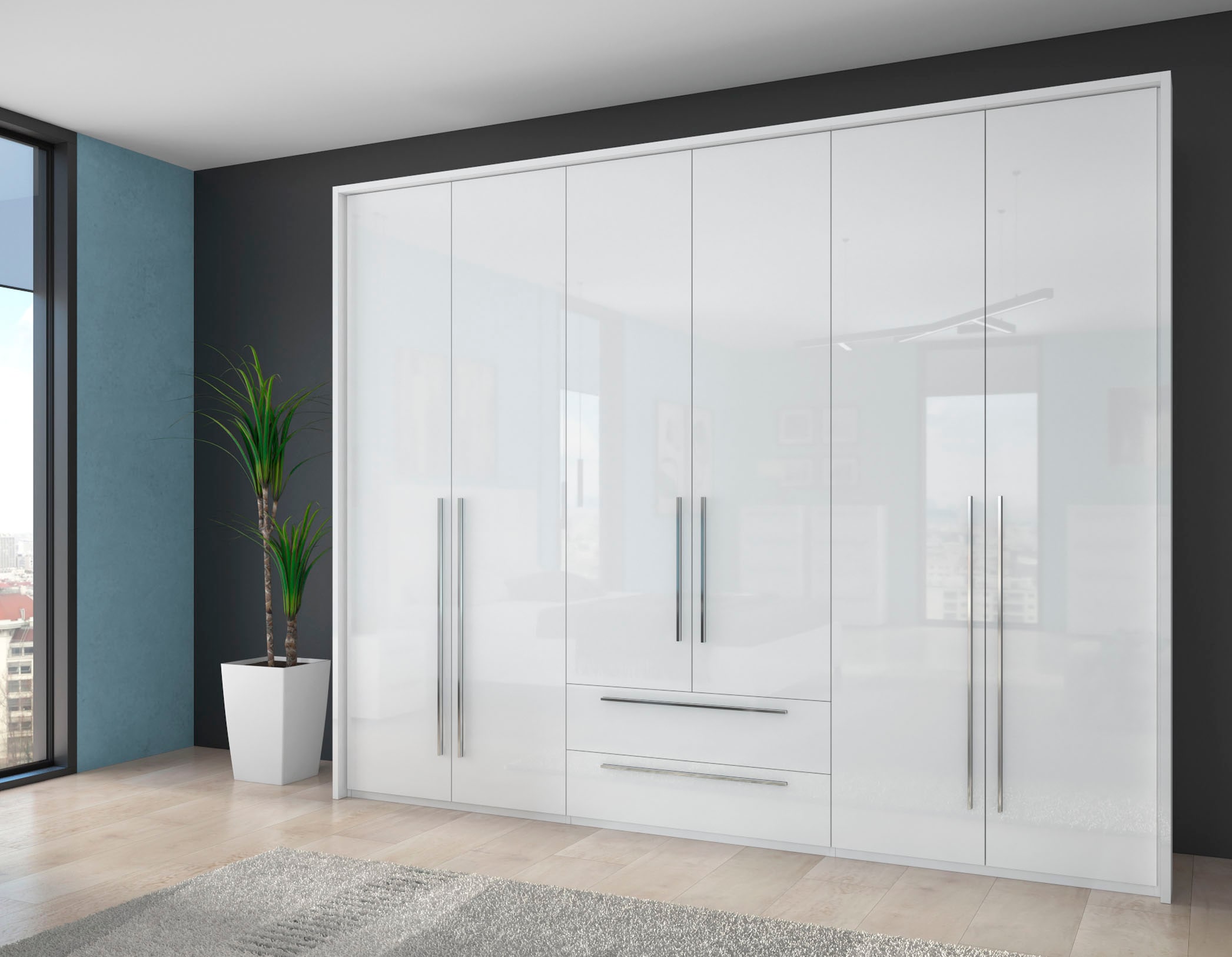 OTTO home Drehtürenschrank "Piano, inklusive Rahmen und Beleuchtung, soft-close-Funktion" viele Breiten zur Auswahl, 226cm hoch, mit jeweils 2 Schubladen, beige oder weiß, UV lackiert, Hochglanzfronten, FSC-zertifiziert