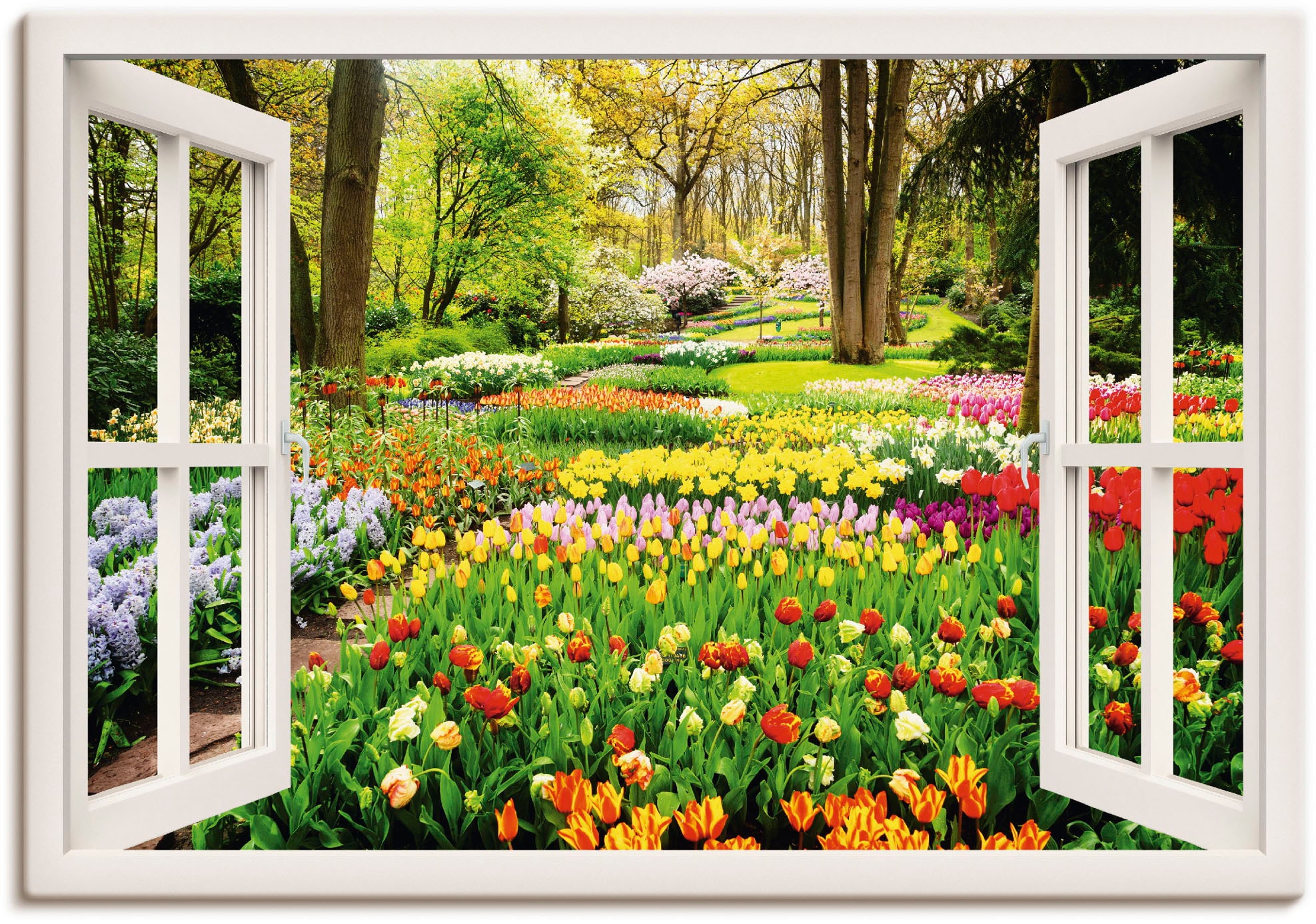 Artland Wandbild "Fensterblick Tulpen Garten Frühling", Fensterblick, (1 St.), als Alubild, Outdoorbild, Leinwandbild, P