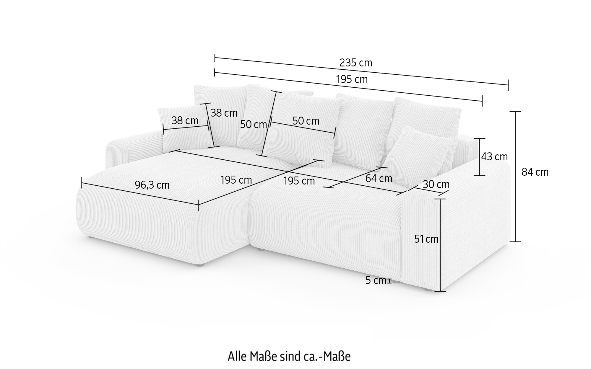 Home affaire Ecksofa »LAKESIDE klein mit Bettfunktion und Bettkasten, B/T/H 235/142/84 cm«, L-Form, Recamiere beidseitig montierbar, mit Wellenunterfederung