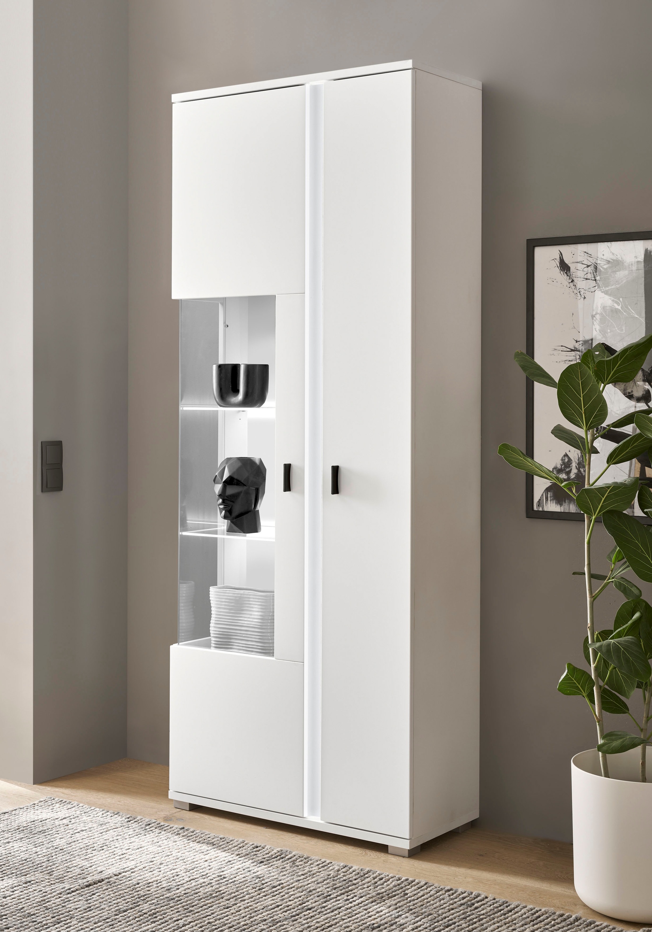 Home affaire Vitrine "LONG ISLAND, Stauraumvitrine" 1 Stk. tlg. in moderner Trendfarbe,inklusive senkrechter Beleuchtung,Breite 80 cm