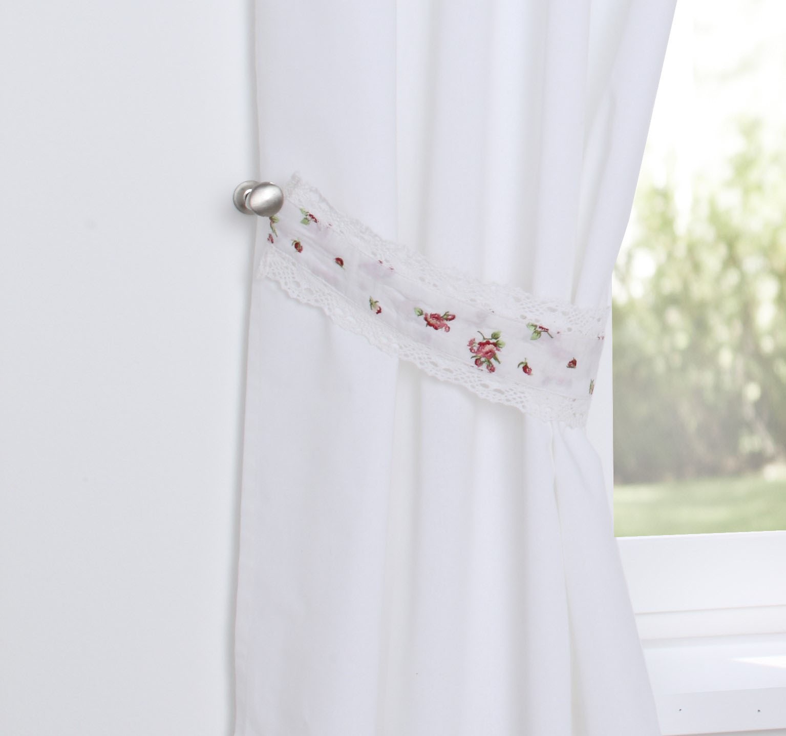 Thumbnail - Kutti Vorhang "Lavie" Bindebänder 1 Stk. tlg. Kurzgardine mit Raffhalter, Baumwolle, blickdicht, Rosen, Spitze