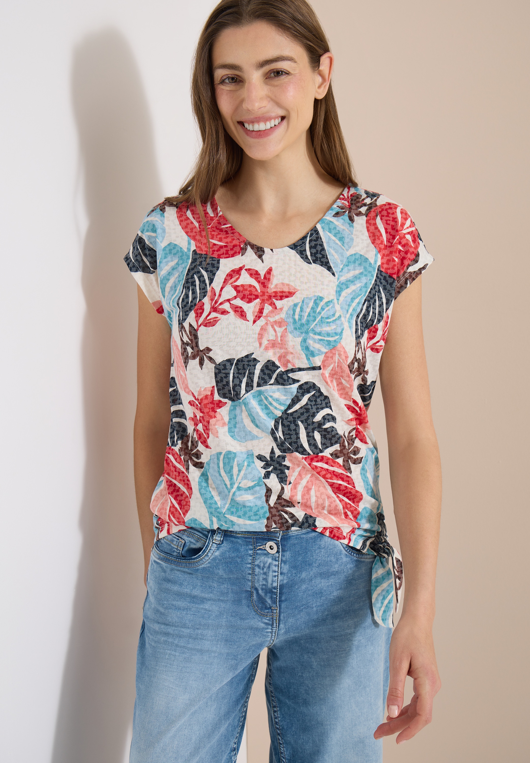 Cecil Kurzarmshirt Sommershirt in Ausbrenner-Optik/mit floralem Print