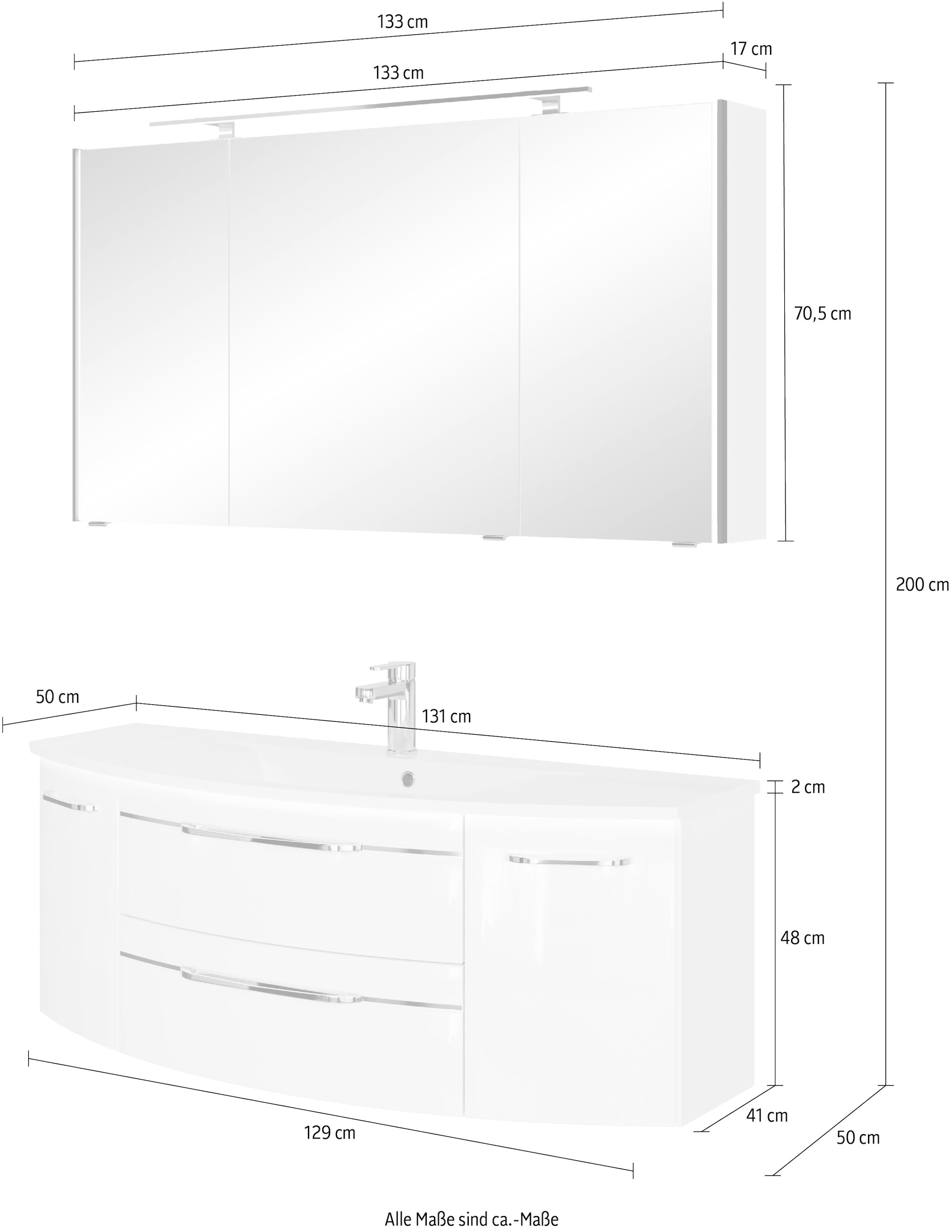 Saphir Badmöbel-Set »Serie 7045 2-teilig Mineralmarmor-Waschtisch mit LED-Spiegelschrank«, (Set, 2 St.), Badezimmer-Set 133,2 cm breit, inkl. Türdämpfer, 5 Türen, 2 Schubladen
