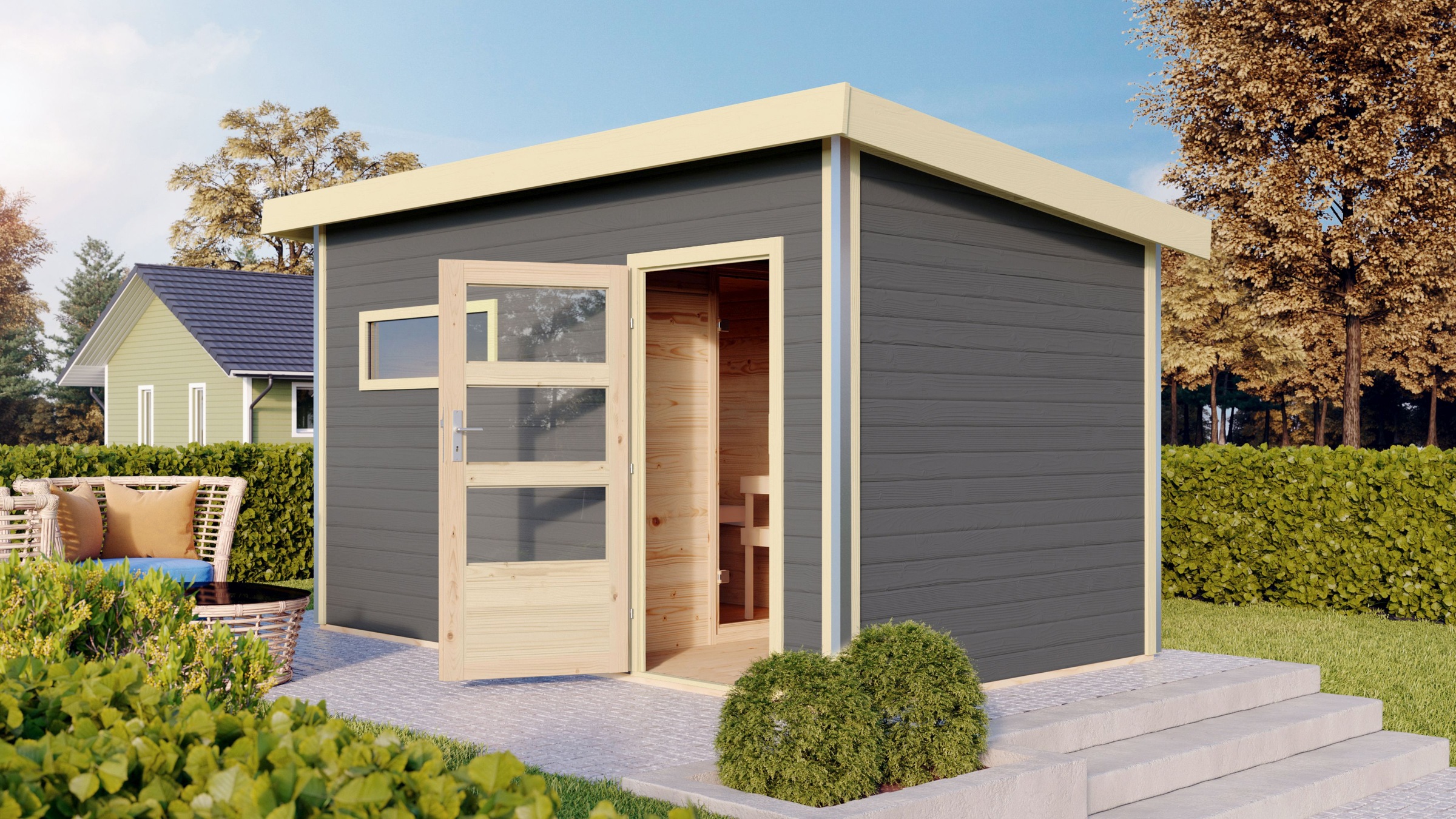 KARIBU Saunahaus "»Simon 3« mit moderner Tür, terragrau", Saunaofen, externe Steuerung, (ohne Ofen), grau, Garten, Saunen, Mit 9 kW Ofen Bio externe