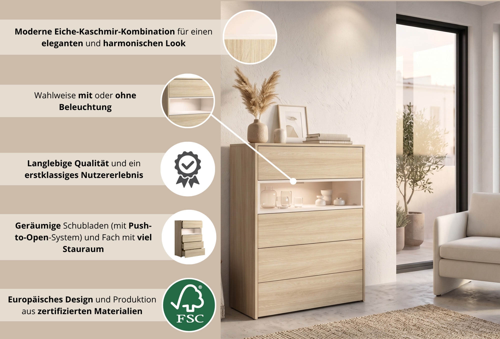 Home affaire Kommode »CUBIQUE Sideboard mit/ohne Beleuchtung, Maße B/T/H: 80/42/111cm« Moderner Schubladenschrank mit viel Stauraum, Push-to-Open System