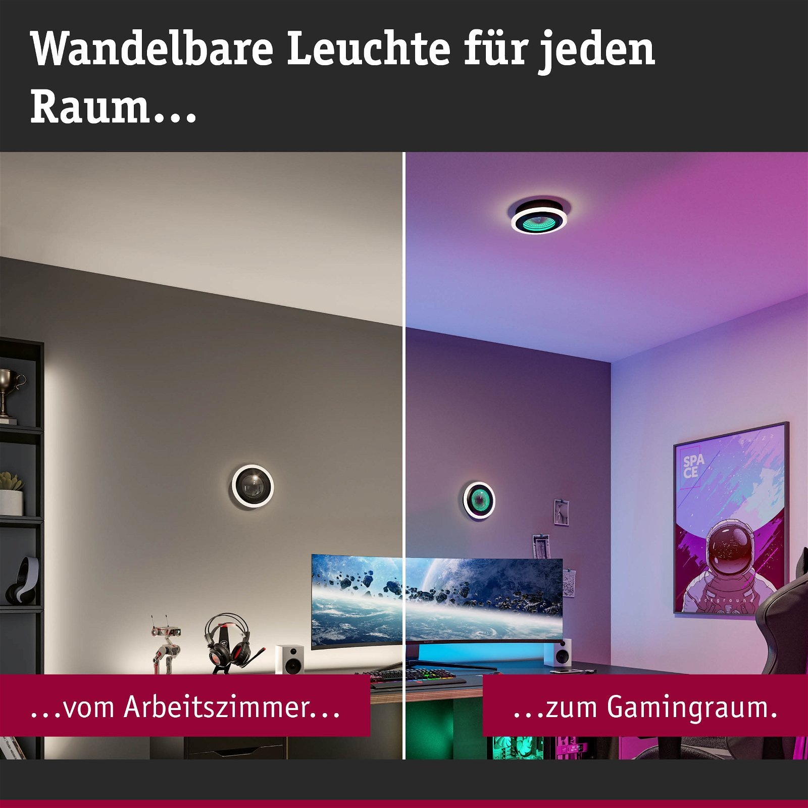 Paulmann LED Deckenleuchte »Spaceglow Two RGB+ 1200lm 230V 14W Schwarz matt«, 1 flammig, dimmbar