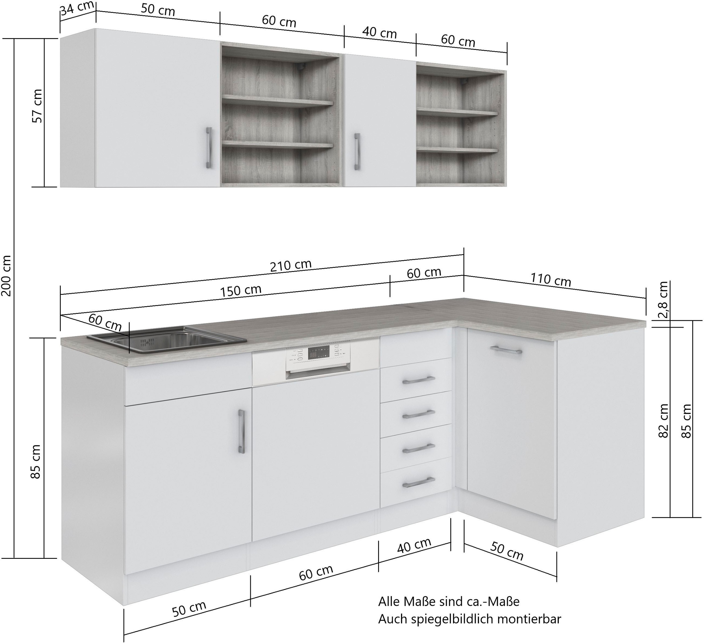 KOCHSTATION Küche »KS-Mali« Stellbreite 210/110 cm, mit E-Geräten