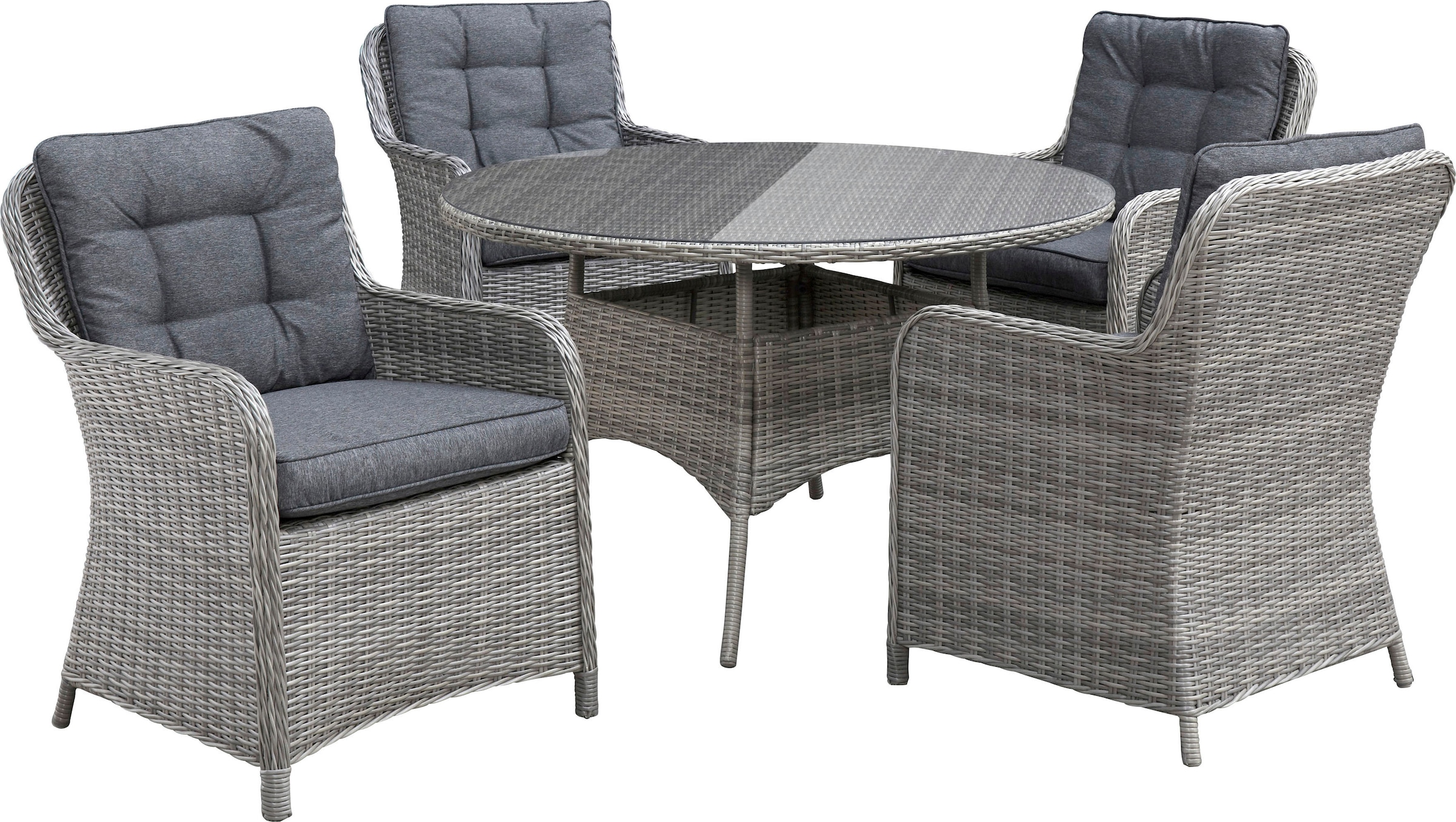 KONIFERA Garten-Essgruppe »Menorca«, (Set, 13 tlg., 4x Sessel, 1x Tisch ØxH: 120x75cm, inkl. Auflagen), Polyrattan, Aluminium, Tischplatte aus 5mm starkem Sicherheitsglas