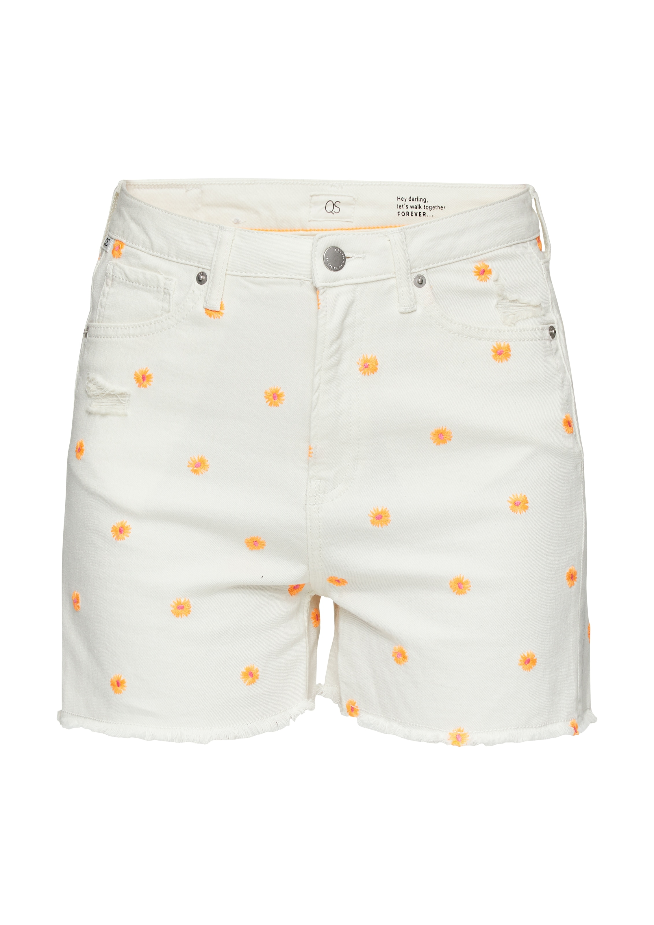 QS Jeansshorts, Sommerhose mit floraler Minimal-Stickerei