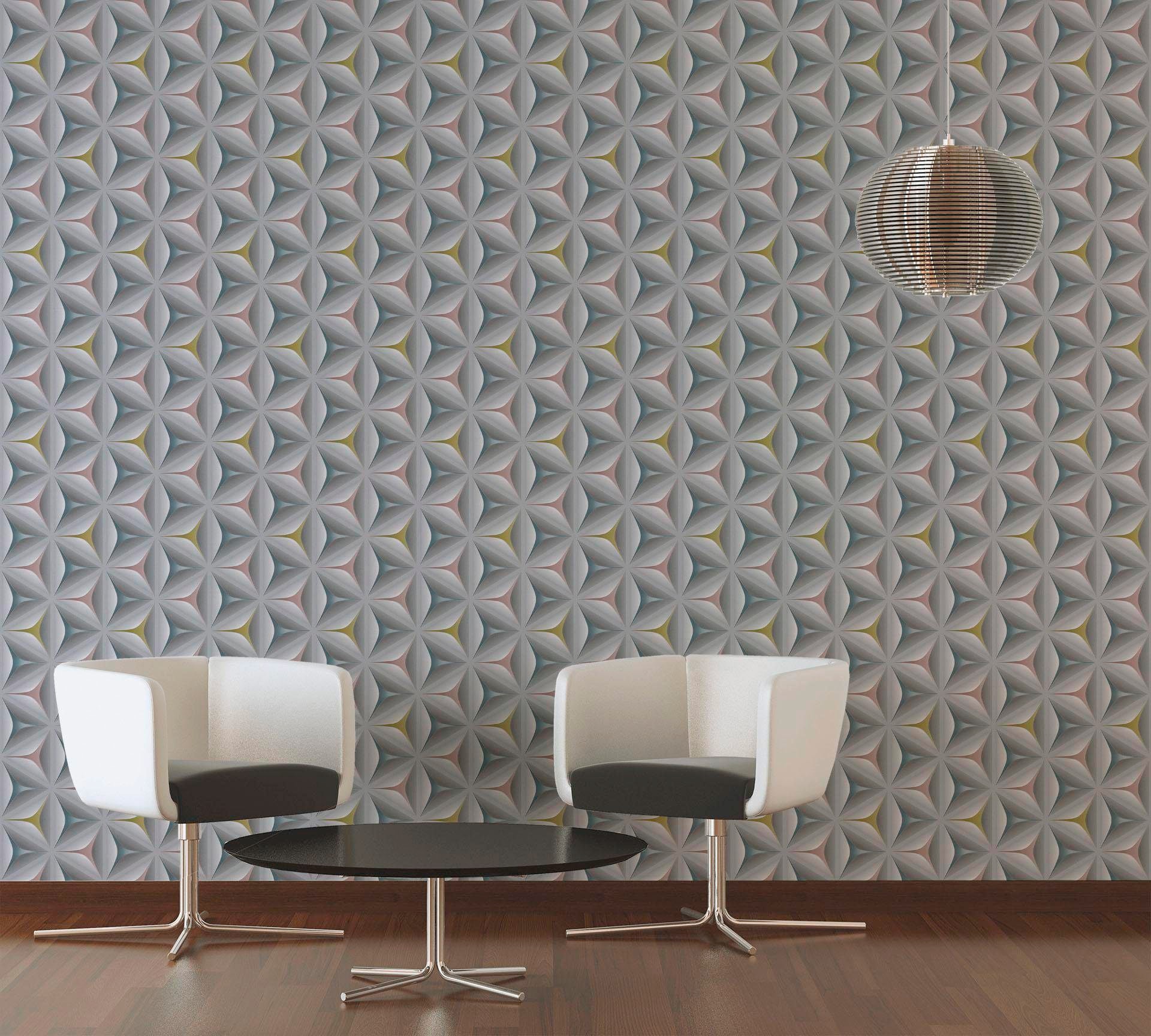 | Vliestapete glänzend BAUR einfarbig, living Tapete Grau Retro, 3D walls Geometrisch Effekt Retrotapete »Scandinavian«, günstig