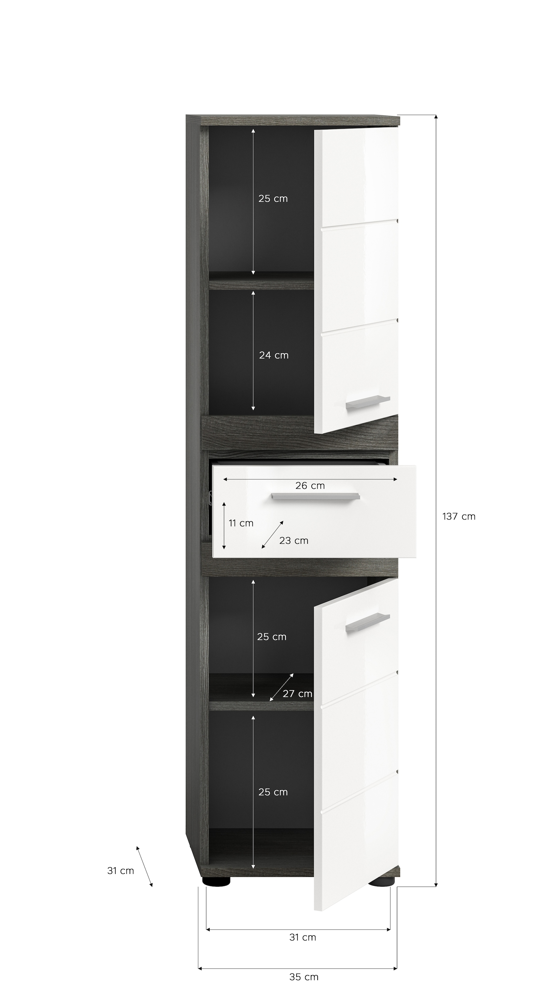 welltime Hochschrank »LUCCA, TOPSELLER!, Höhe 137 cm, 2 Türen, 1 Schubkasten, 2 Fachböden,«, Badschrank, Bad-Möbel, Badezimmer