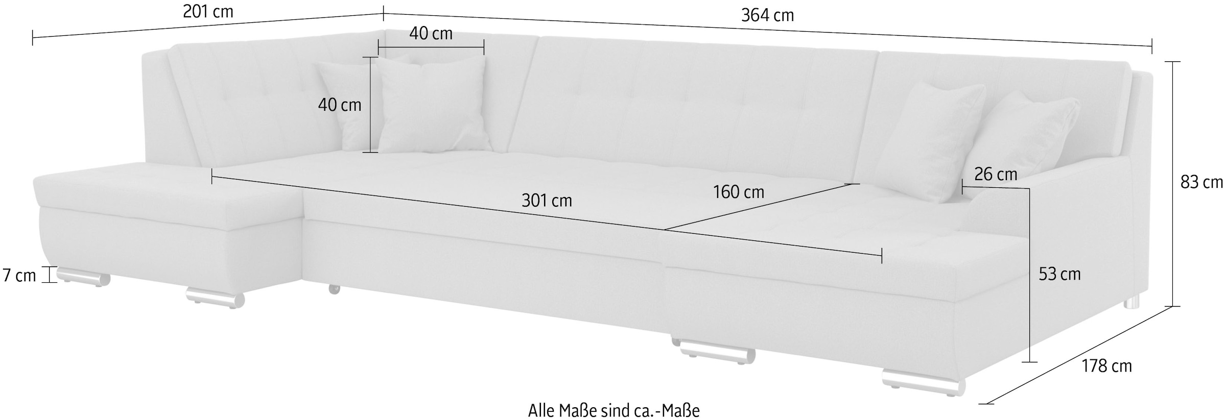 DOMO collection Wohnlandschaft »Treviso incl. Zierkissen, moderne Steppung, XXL: B/T/H: 364/201/83 cm«, wahlweise mit Bettfunktion, in vielen Bezugsarten auch in Cord U-Form