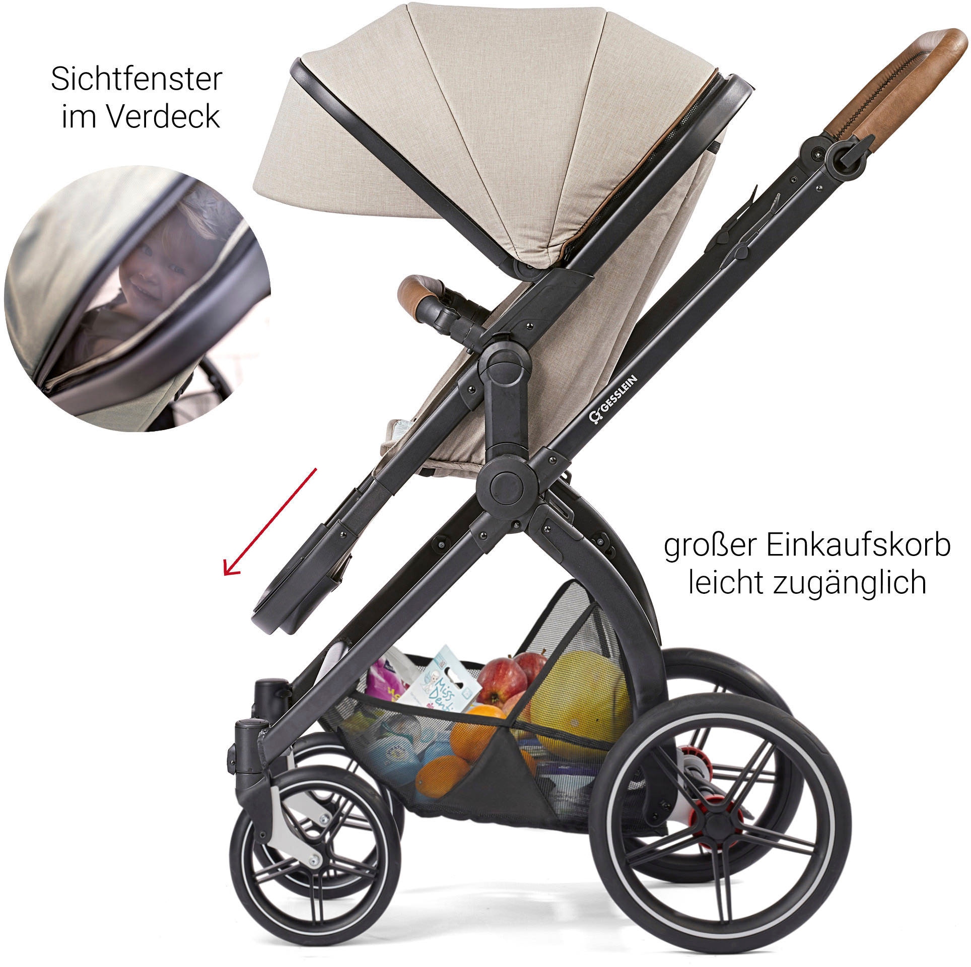 Gesslein Kombi-Kinderwagen »FX4 Soft+ mit Aufsatz Life, schwarz/cognac, schiefergrau«, mit Babywanne C3 und Babyschalenadapter