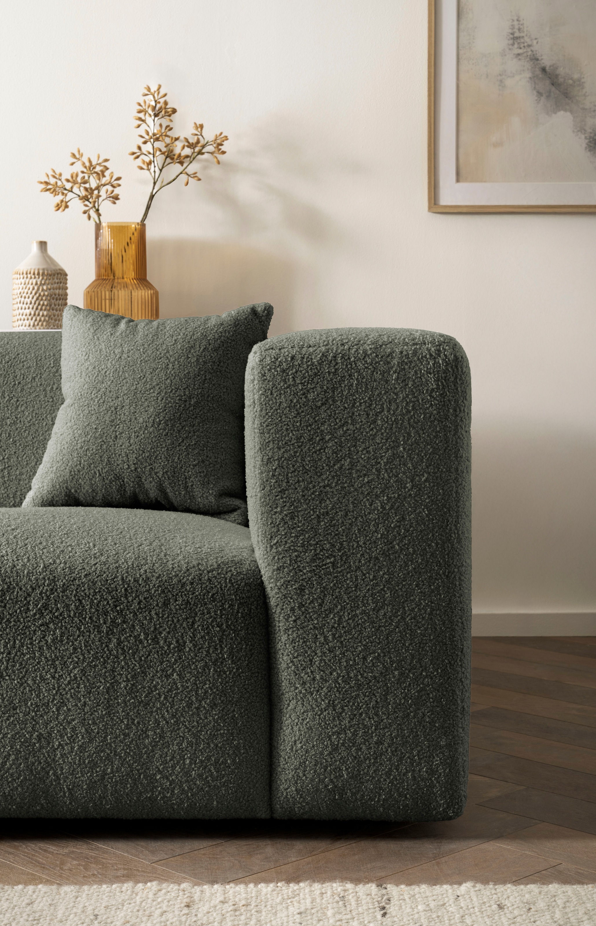 andas Ecksofa »BAKELS, L-Form in Cord oder Boucle-Stoff, moderne Couch«, wahlweise Recamiere rechts/links, bequemer Sitzkomfort