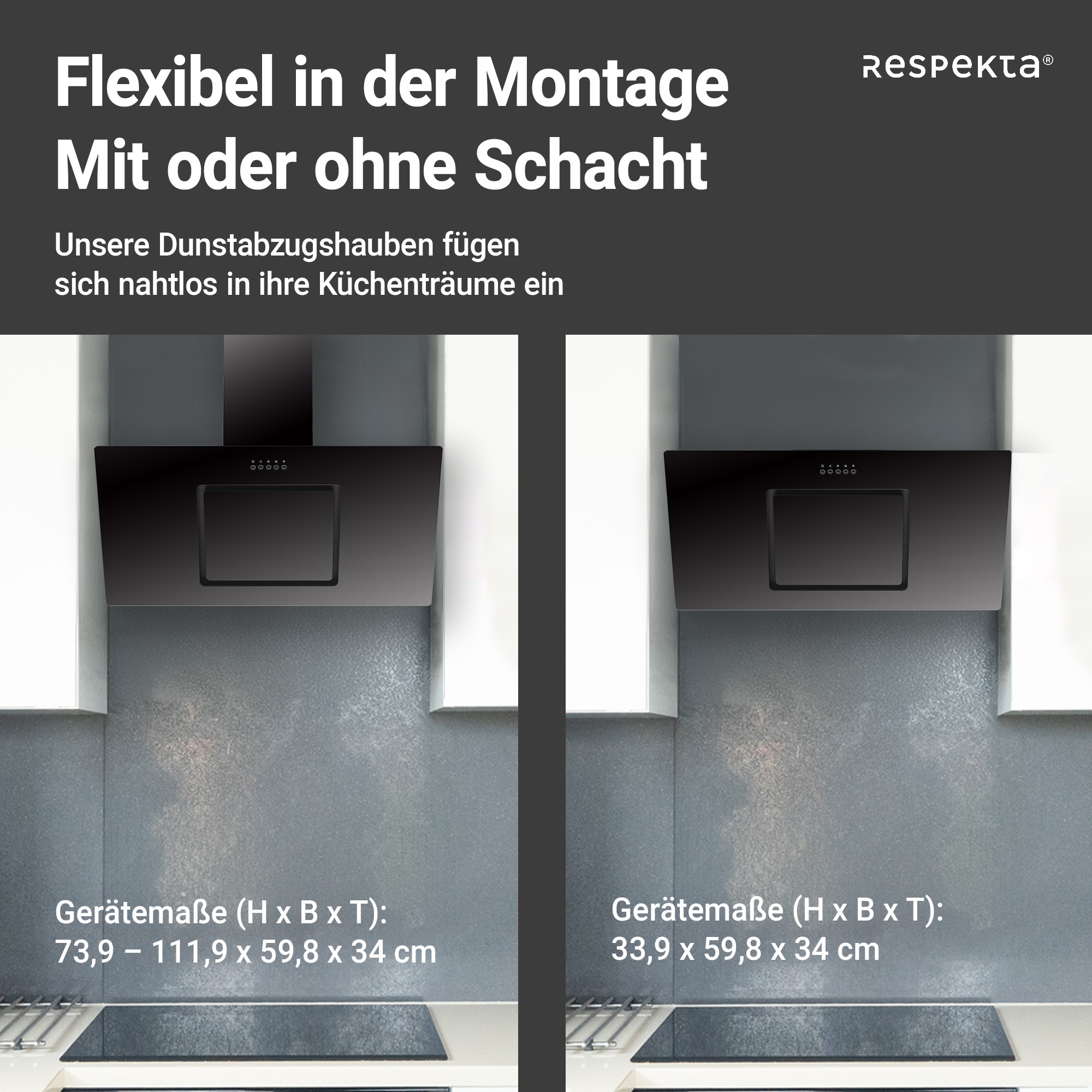 RESPEKTA Kopffreihaube »CH 22010«, 90 cm, 3 Leistungsstufenm, LED-Beleuchtung, Ab- und Umluftfähig