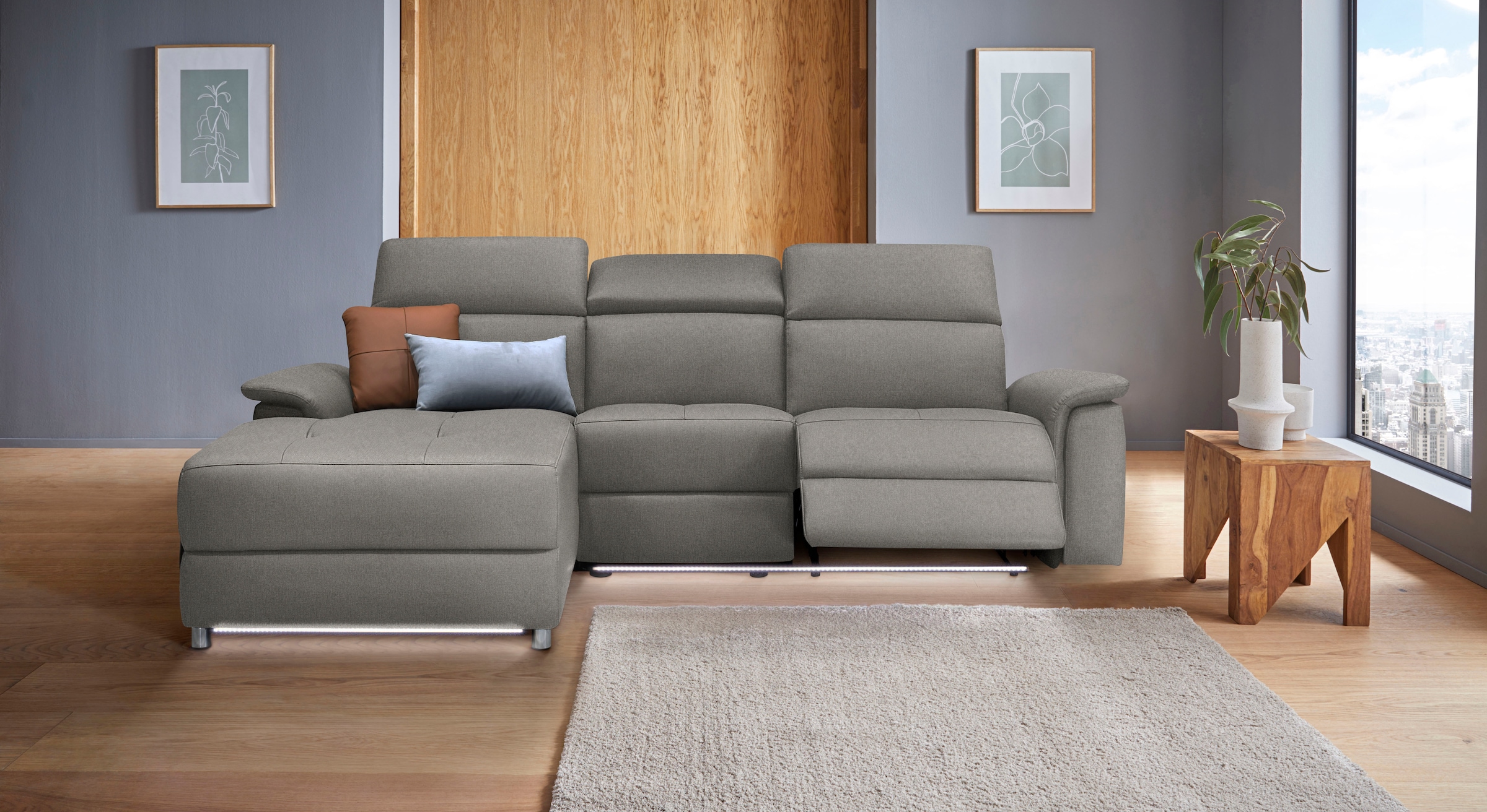 Places of Style Ecksofa »Pareli, L-Form, 259cm,m. Recamiere, Echtleder, Kunstleder, Webstoff«, man. o. elektr. Relaxfunktion, USB/Kopfteilverstellg u. LED