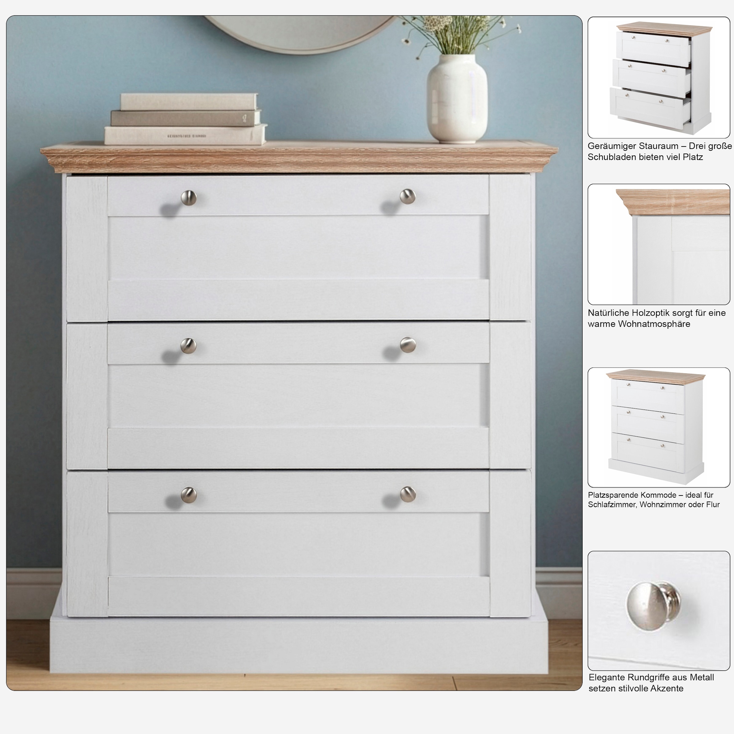 OTTO home Schubkastenkommode »Binz« mit schönen Metallgriffen, 3 Schubladen, Breite 75 cm