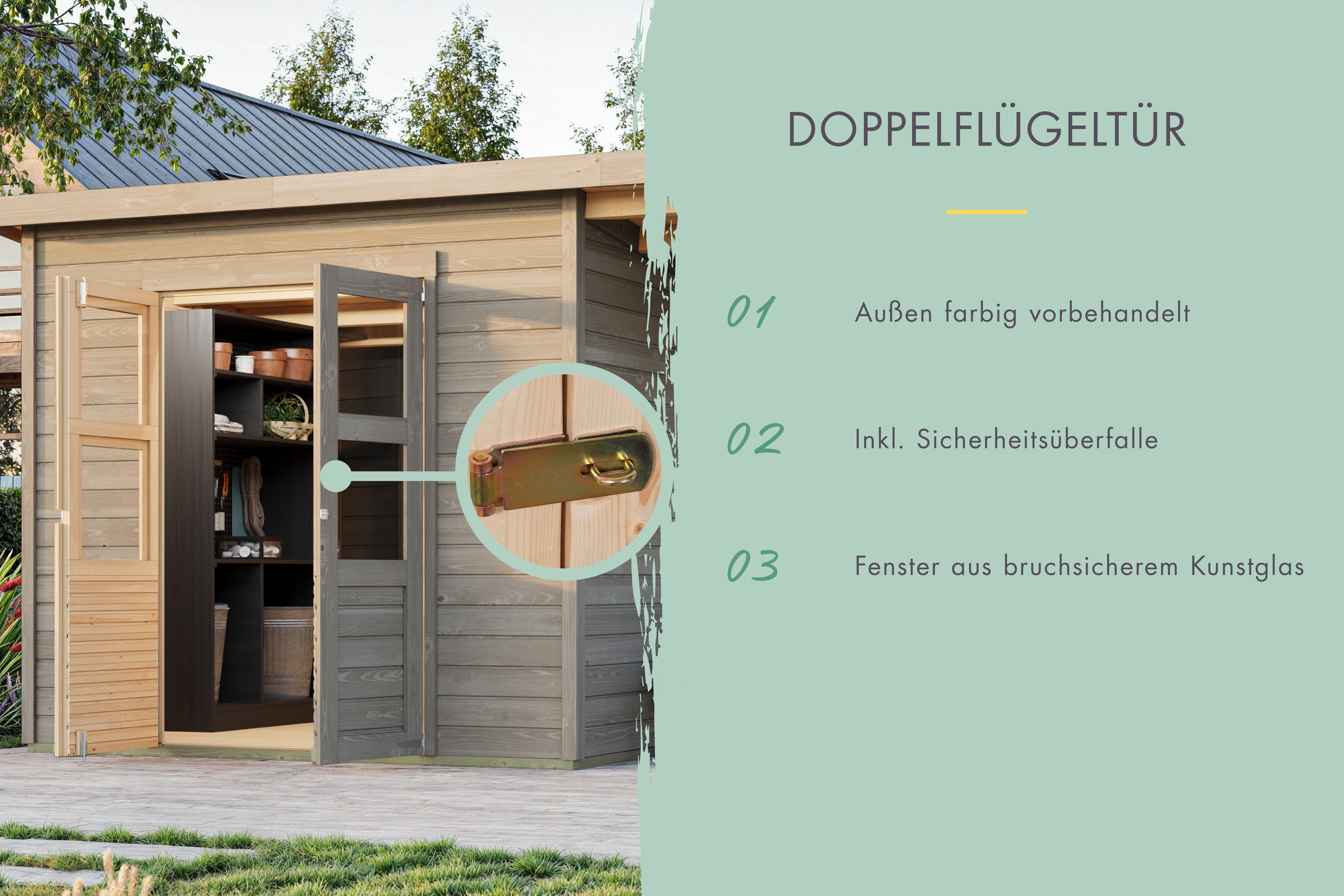 Thumbnail - Karibu Gartenhaus ""Merseburg 3" vorvergraut mit Anbaudach" aus Fichtenholz, farbig lasiert