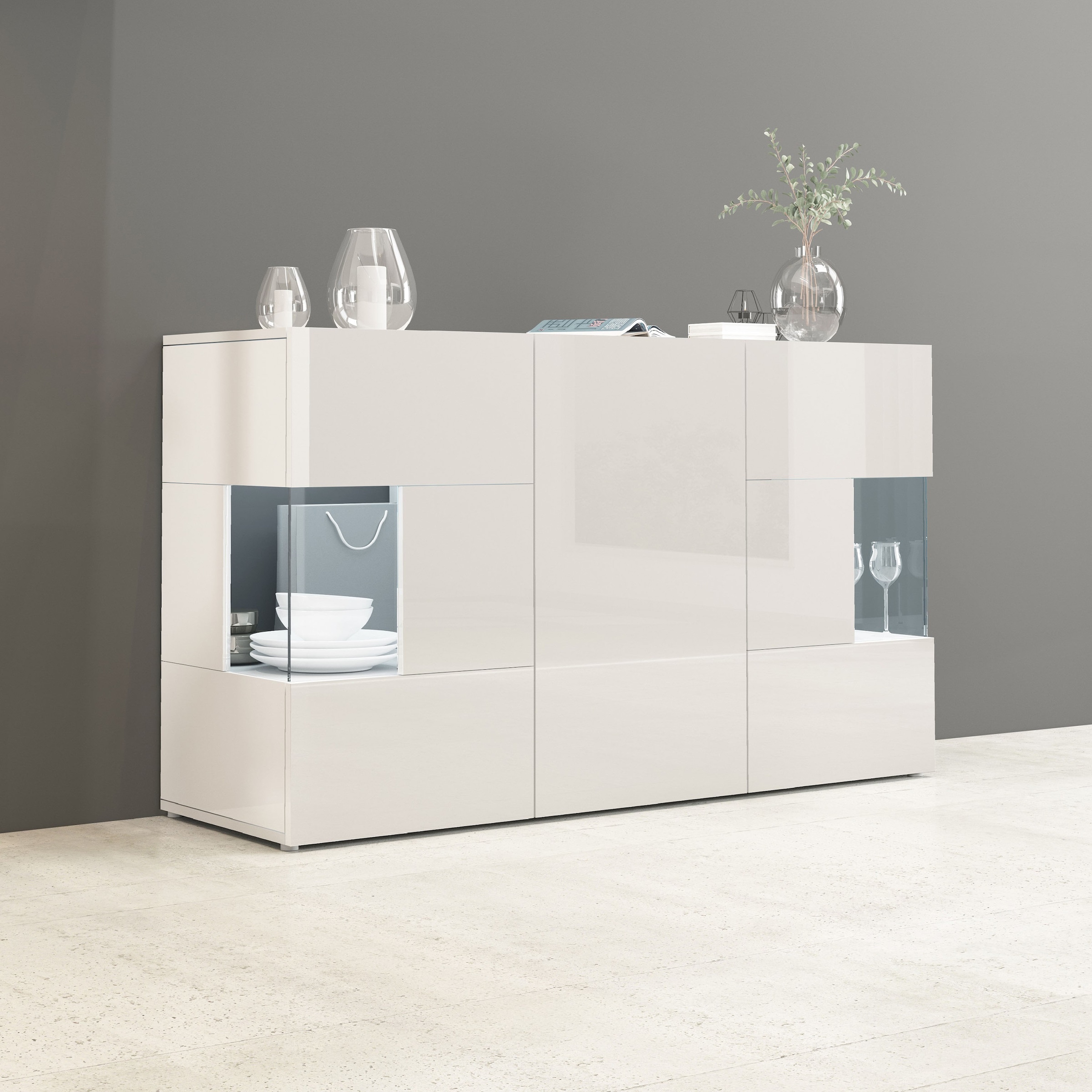 INOSIGN Sideboard »Egypt, Kommode, Schrank, Kredenz, Vitrine grifflos«, 3 Türen davon 2 mit Glaseinsatz, kompl. Hochglanz lackiert Breite 135
