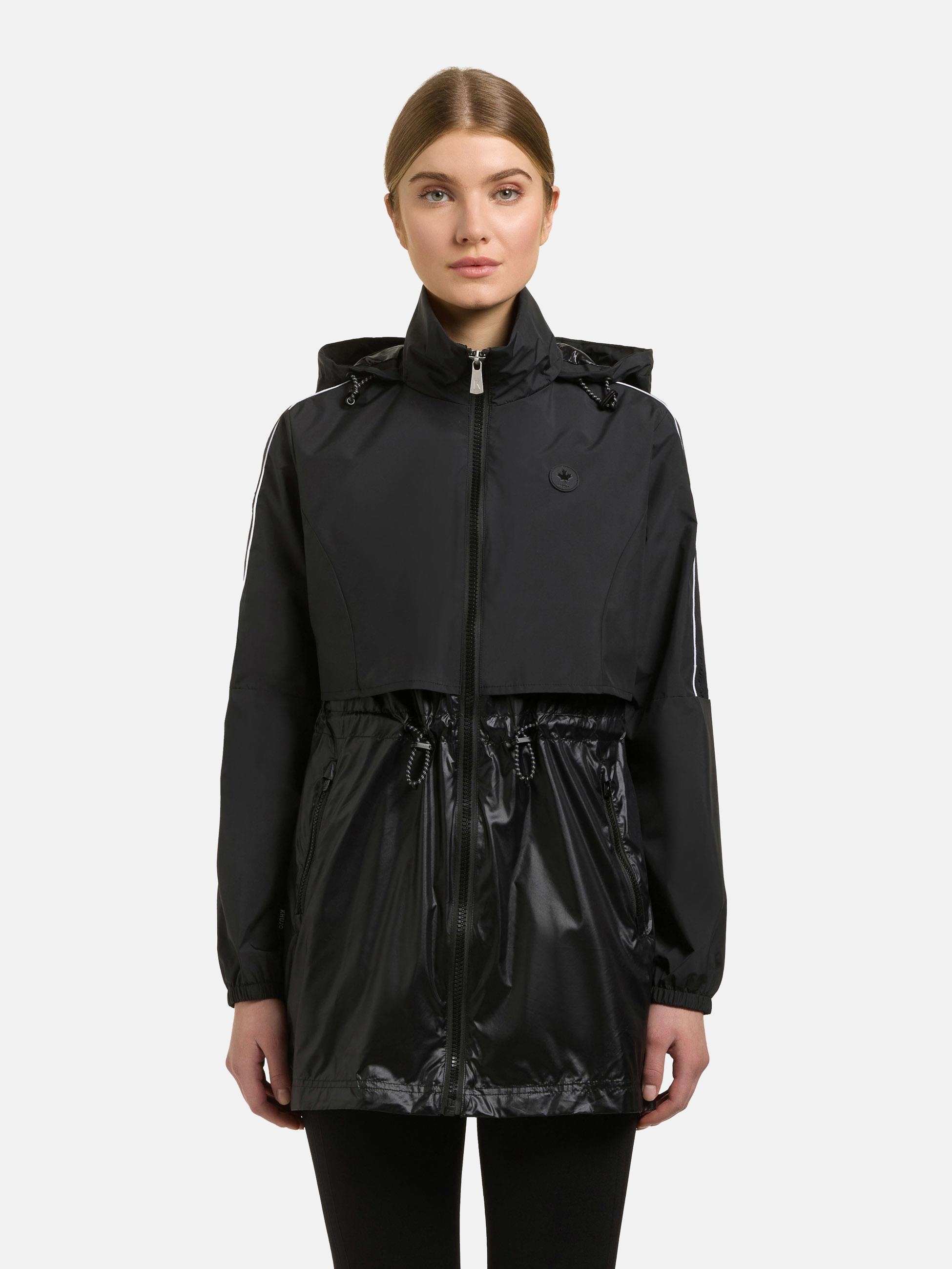 Funktionsmantel KHUJO "Izza", Damen, Gr. M (38), schwarz, Obermaterial 1: 100% Polyester; Obermaterial 2: 100% Nylon; Futter: 100% Nylon, tailliert Po-bedeckend, hoch geschlossener Ausschnitt, Ärmel ohne Ärmelschlitz Bündchen mit innenliegendem Gummizug, 