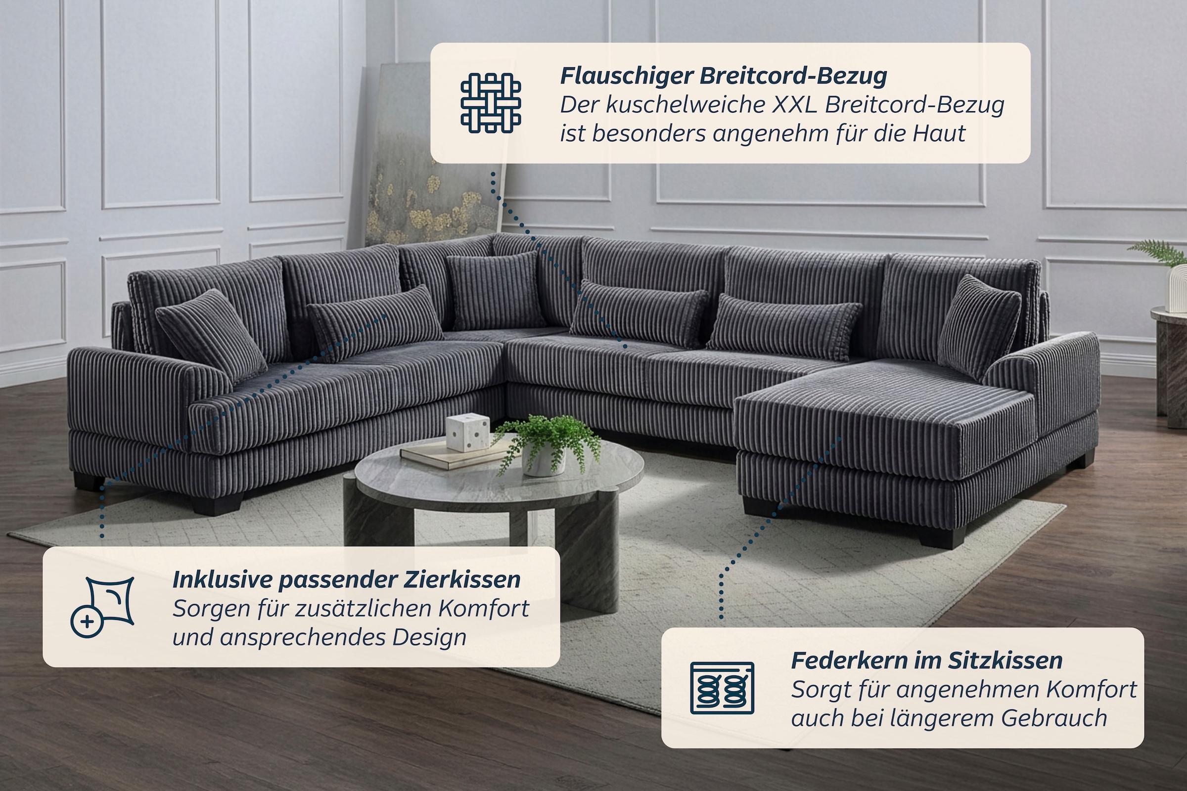 OTTO home Wohnlandschaft »Miron U-Form, B: 332 cm, weicher XXL-Cordbezug« Sofa mit Federkern, 6 Zierkissen, Rücken echt bezogen
