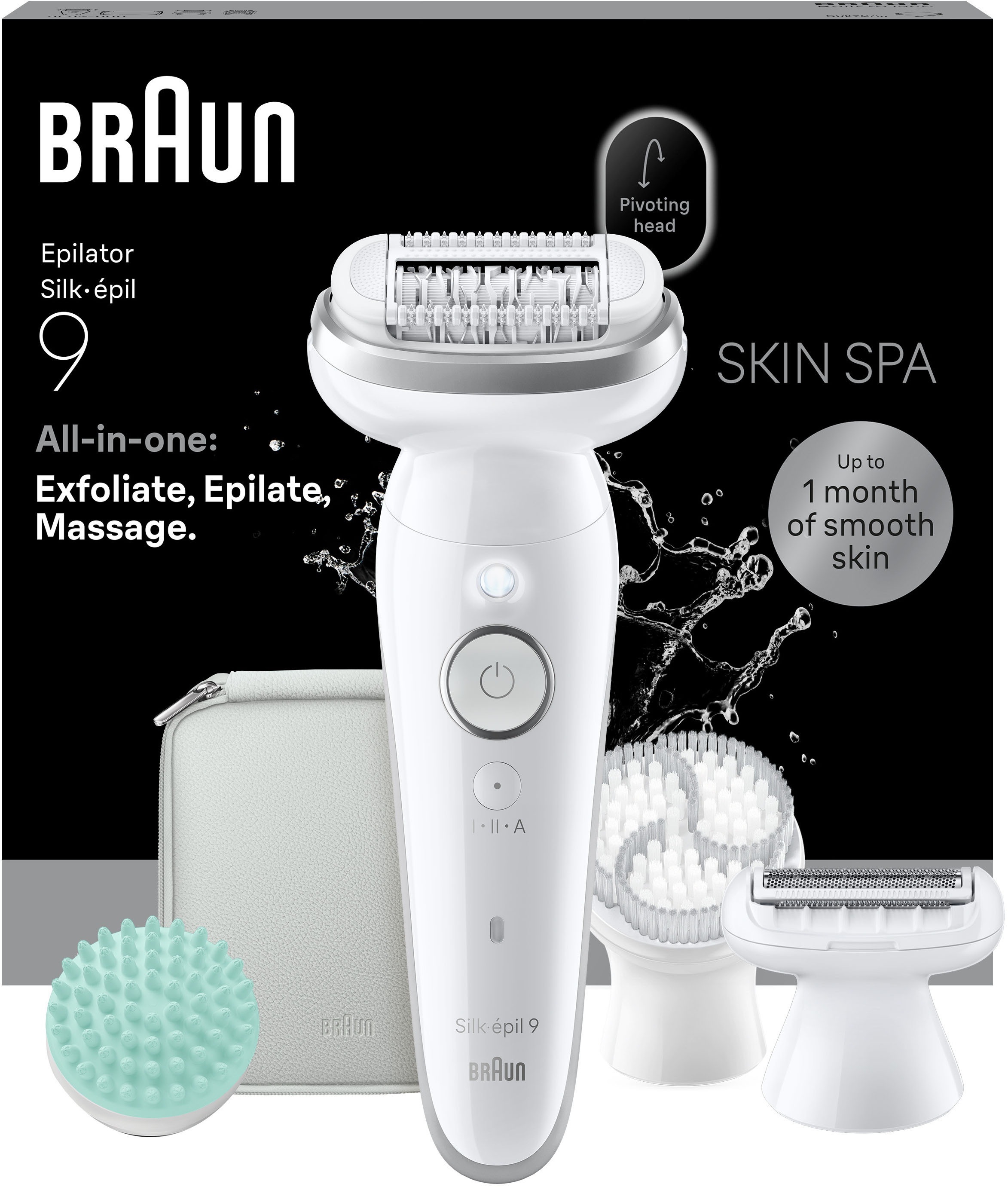 BRAUN Damen Epilierer "Silk-épil 9 SES9-080"weiß, silber, Epilierer, All-in-One Set, Wet & Dry, Peelingbürste, Massagepad, Rasieraufsatz