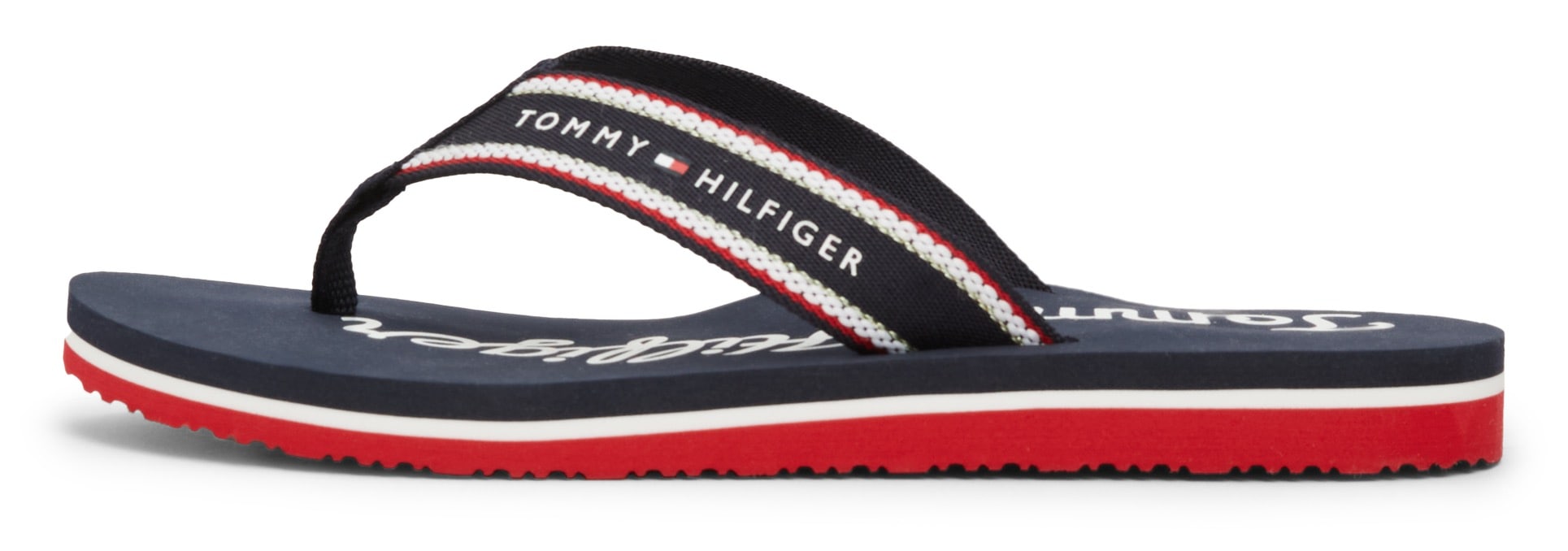 Tommy Hilfiger Zehentrenner "IM GRAPHIC BEACH SANDAL", Sommermode, Dianette, Poolslides mit auffälligem Logoschriftzug