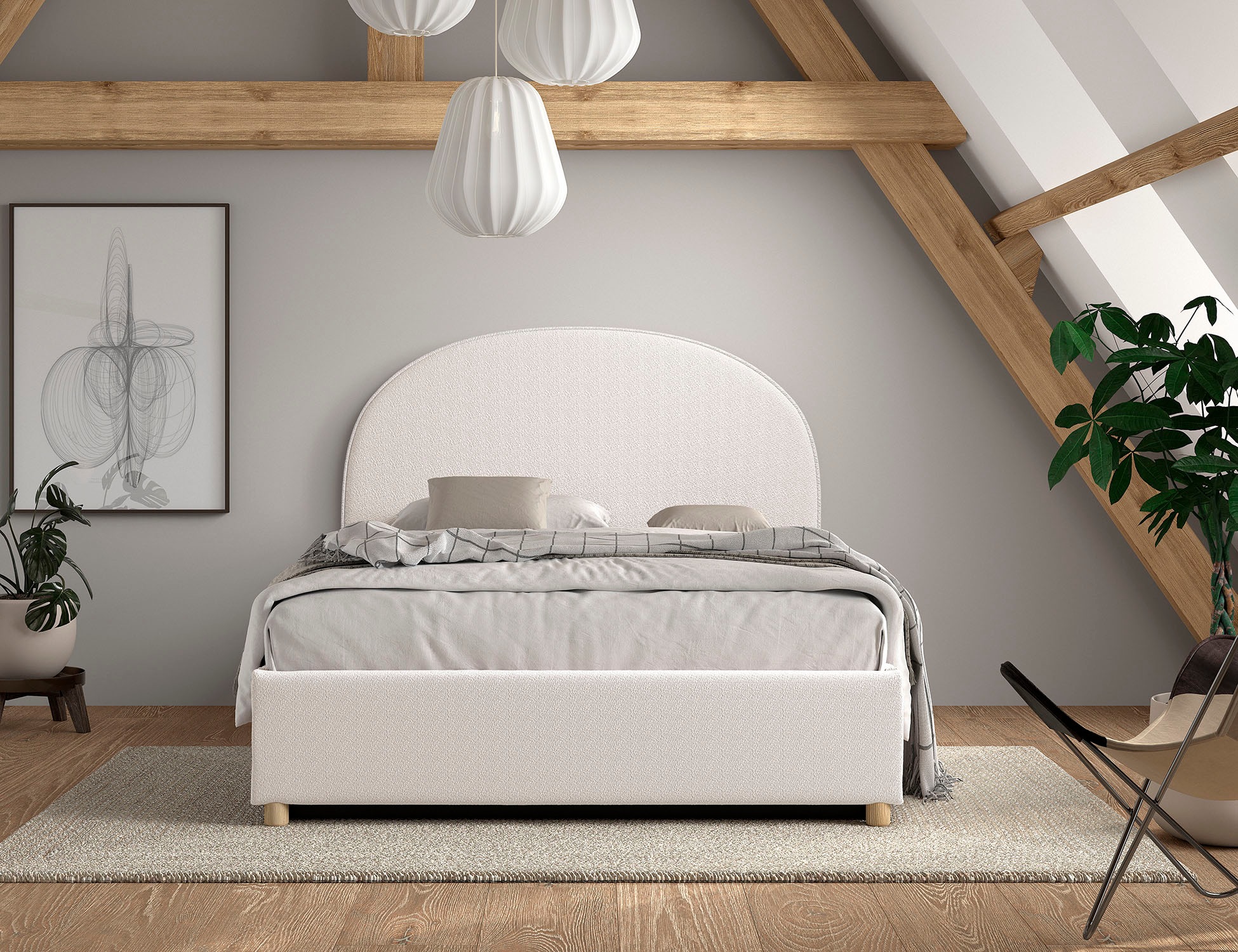 Vipack Boxbett »Moon, mit Lattenrost und Stauraum, modernes Design«, (gerundetes Kopfteil und in 2 Breiten erhältlich), inkl. Massivholz Füßen in natur, 3 Stoff Farben zur Auswahl