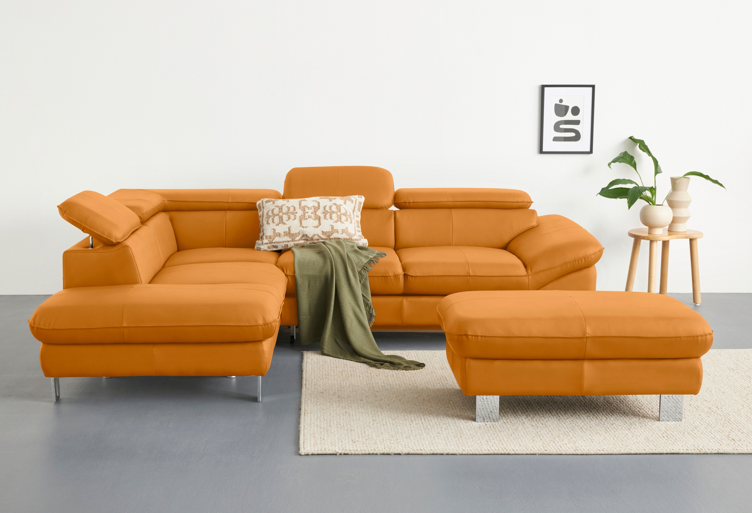 Ecksofa COTTA "Driver L-Form", gelb (amber), B:268cm H:73cm T:214cm, Kunstleder SOFTLUX;LEDER BEEFY (ein abgedecktes Spalt-Rindsleder) im Sitz und Rücken (Korpus in Kunstleder);Luxus-Kunstleder;Leder Pampas (echtes Rindsleder) im Sitz und Rücken (Rückseit