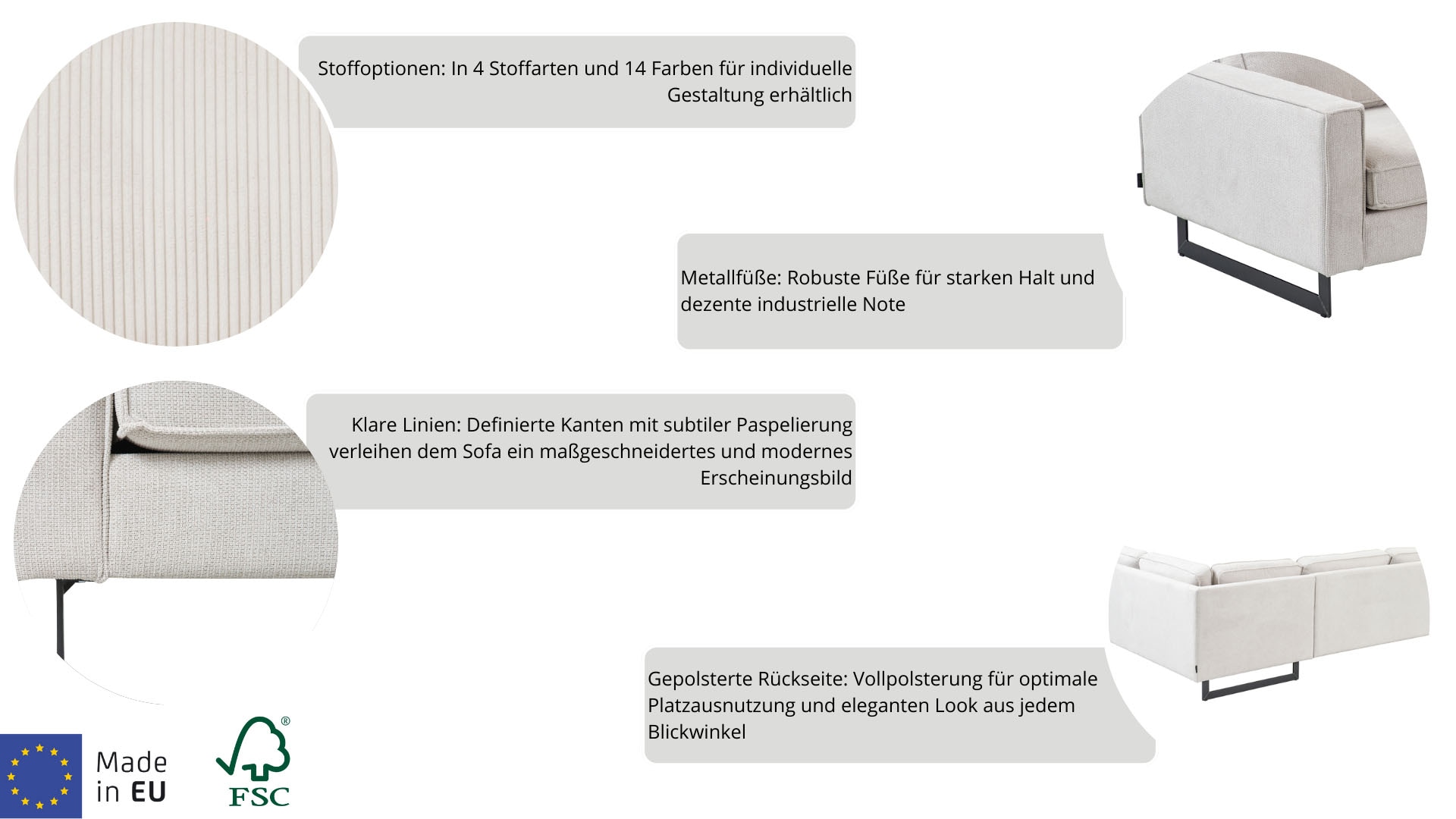 Places of Style Ecksofa »Pinto, 250/290 cm, langer Schenkel, XXL, Ottomane«, Cord, Feincord, Luxus-Microfaser Leder und Chenille