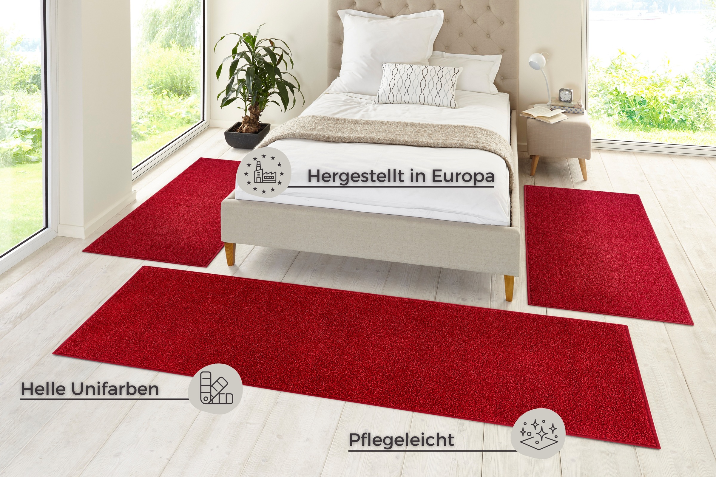 Thumbnail - HANSE Home Bettumrandung "Pure 100", (3 tlg.), Kurzflor, Unifarben, Teppich, Bettläufer, Bettvorleger, Teppichläufer