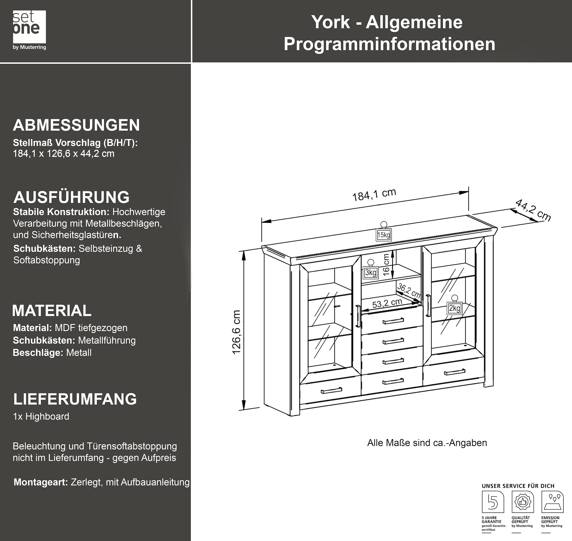 set one by Musterring Highboard »York«, Typ 56, mit Glastüren, Beleuchtung optional, B 184 cm