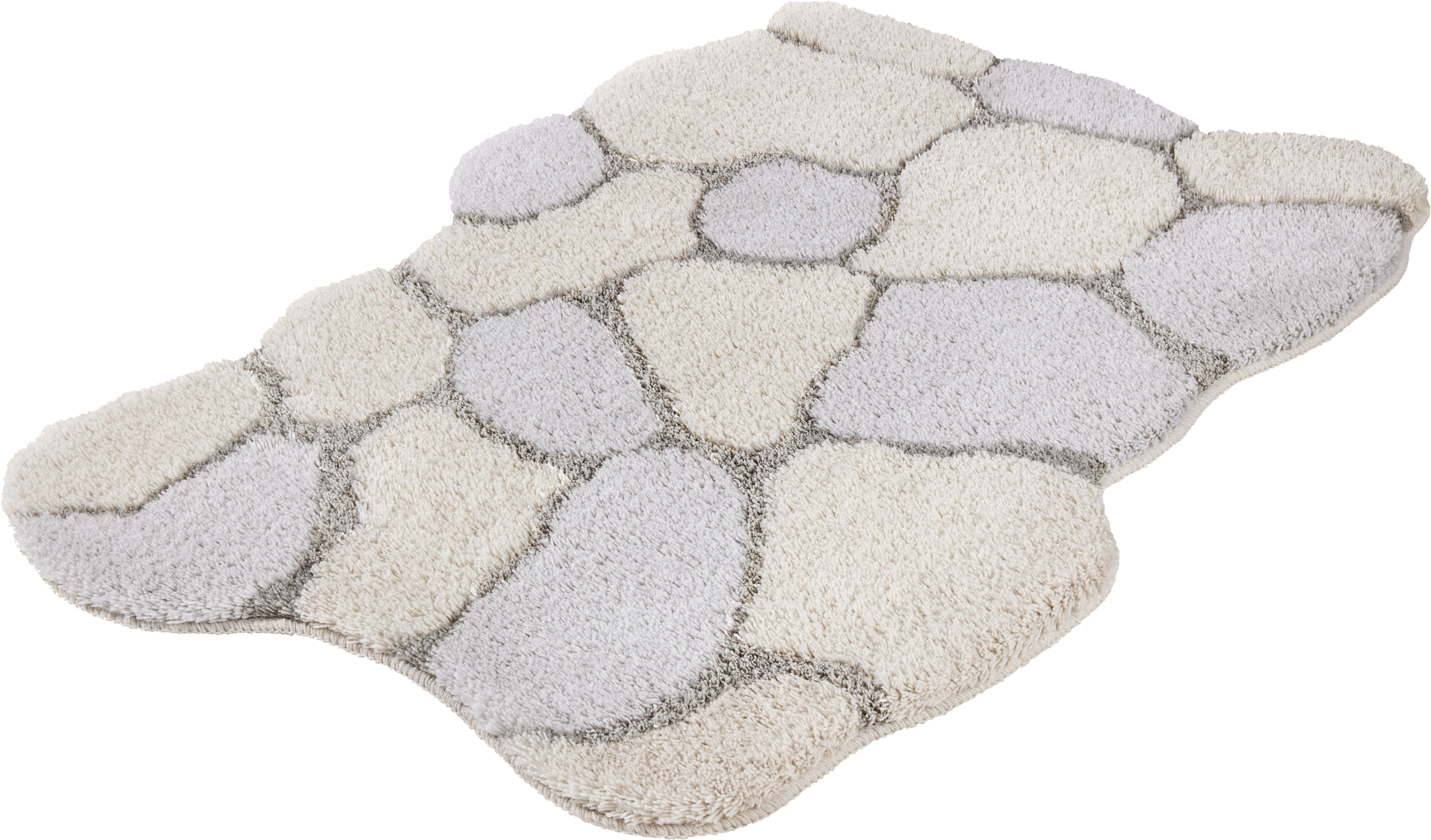 Kleine Wolke Badematte "Brick" Höhe 22 mm rutschhemmend beschichtet fußbodenheizungsgeeignet Zweifarbiger Stein-Look in Creme & Grau mit geschwungenen Formen