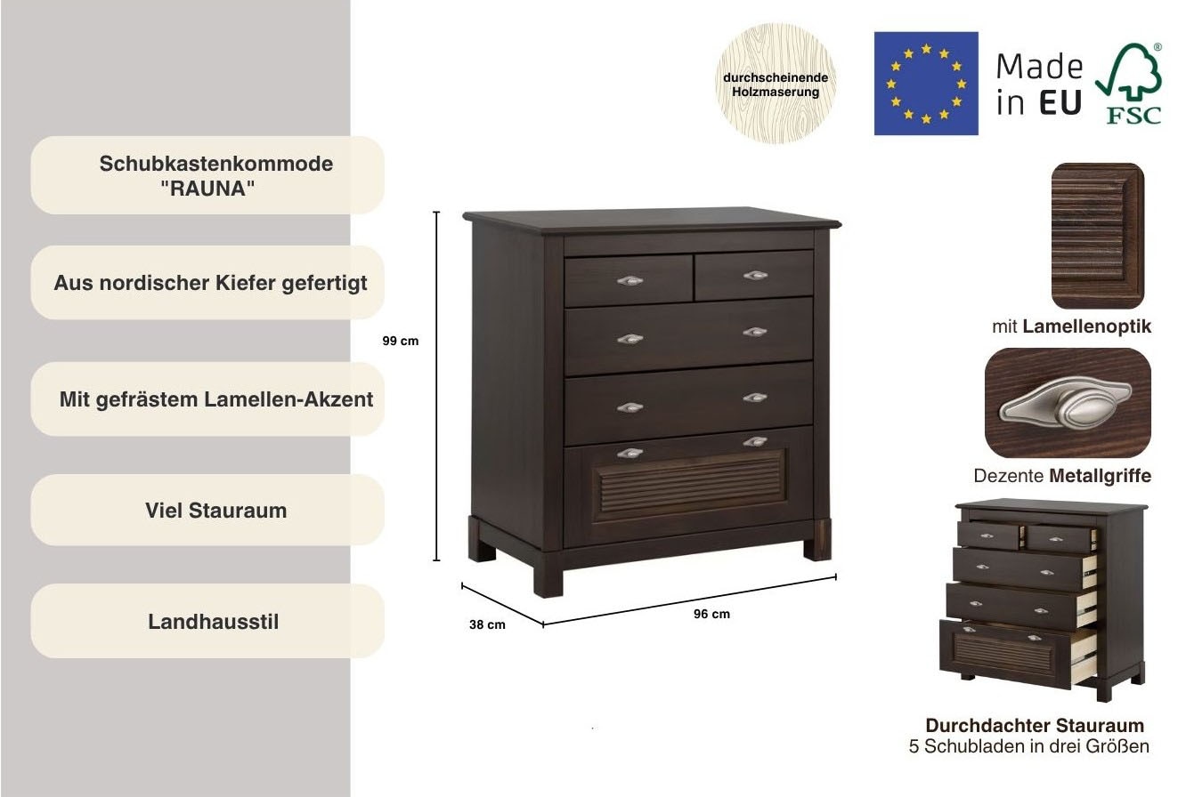 Home affaire Schubkastenkommode »Rauna«, aus massiver Kiefer mit 5 Schubladen, Breite 96 cm