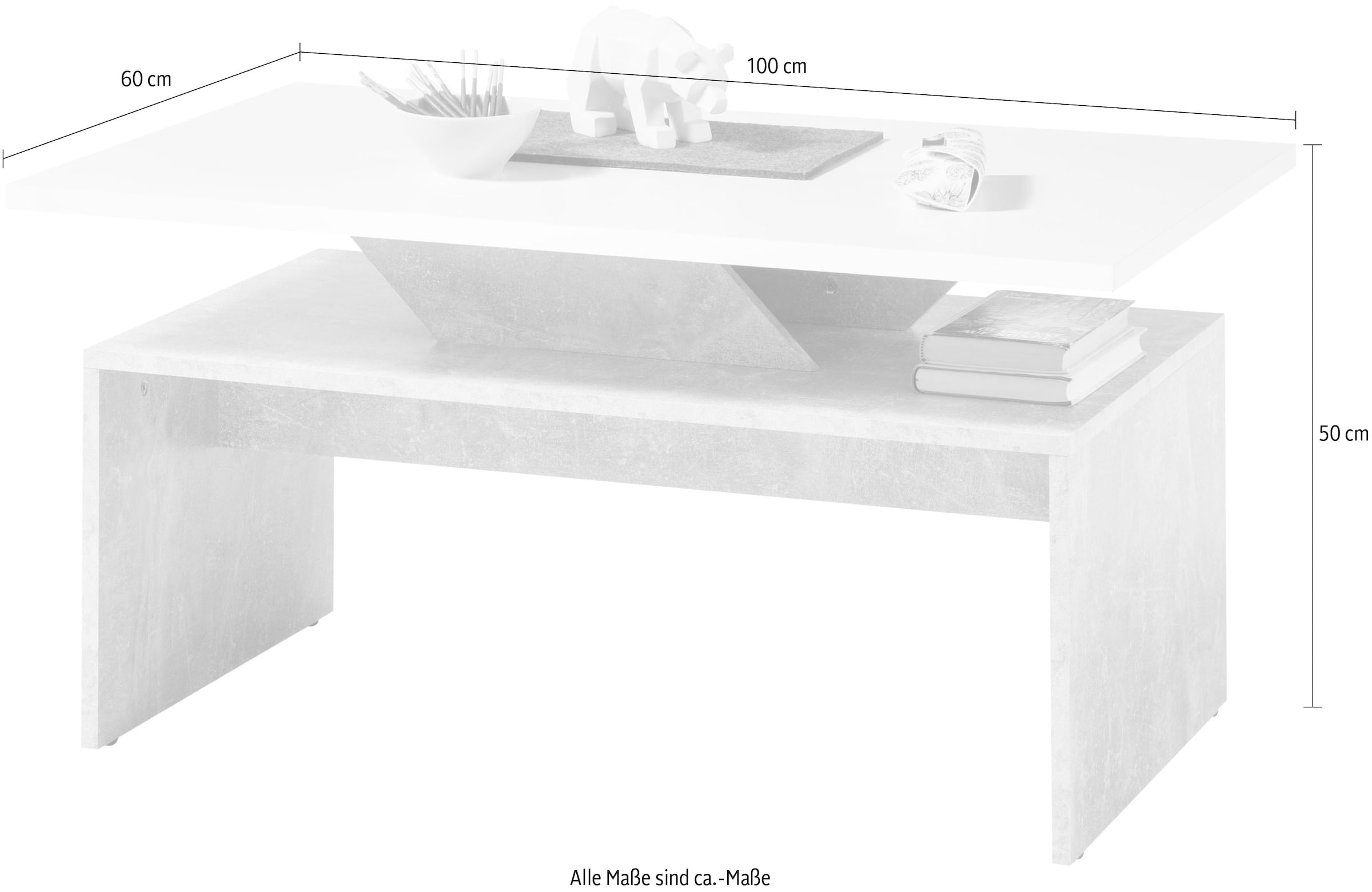 Stolkom Couchtisch »Allegra Wohnzimmertisch weiß, Absetzung Beton, BxHxT 100x50x60 cm«, Akazie Massivholz, Flächenbelastung des Tisches ca. 90 kg