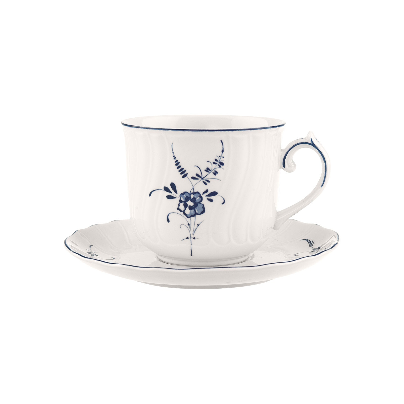 Villeroy & Boch Tasse "Frühstückstasse mit Untertasse Vieux Luxembourg 240 ml weiß-blau" Spülmaschinengeeignet, Mikrowellengeeignet