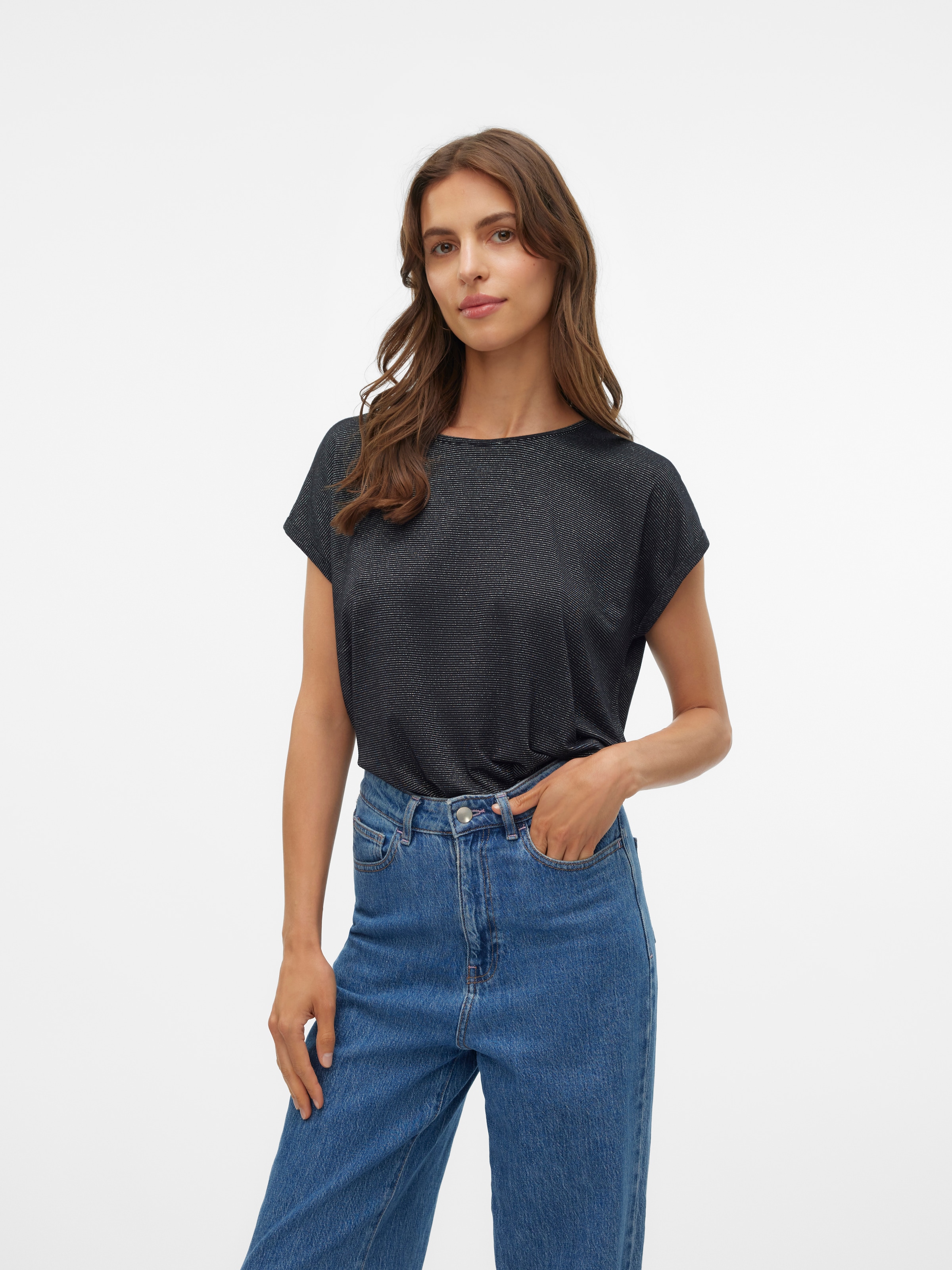 Vero Moda Rundhalsshirt "VMLAVA PLAIN SS TOP LUREX STRIPE" Viskosemischung, günstig online kaufen